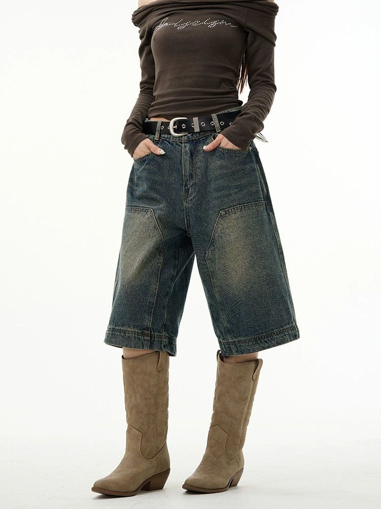 Vintage Men's wide-leg straight washed distressed cargo denim shorts Size US 32 / EU 48 - 6 Thumbnail