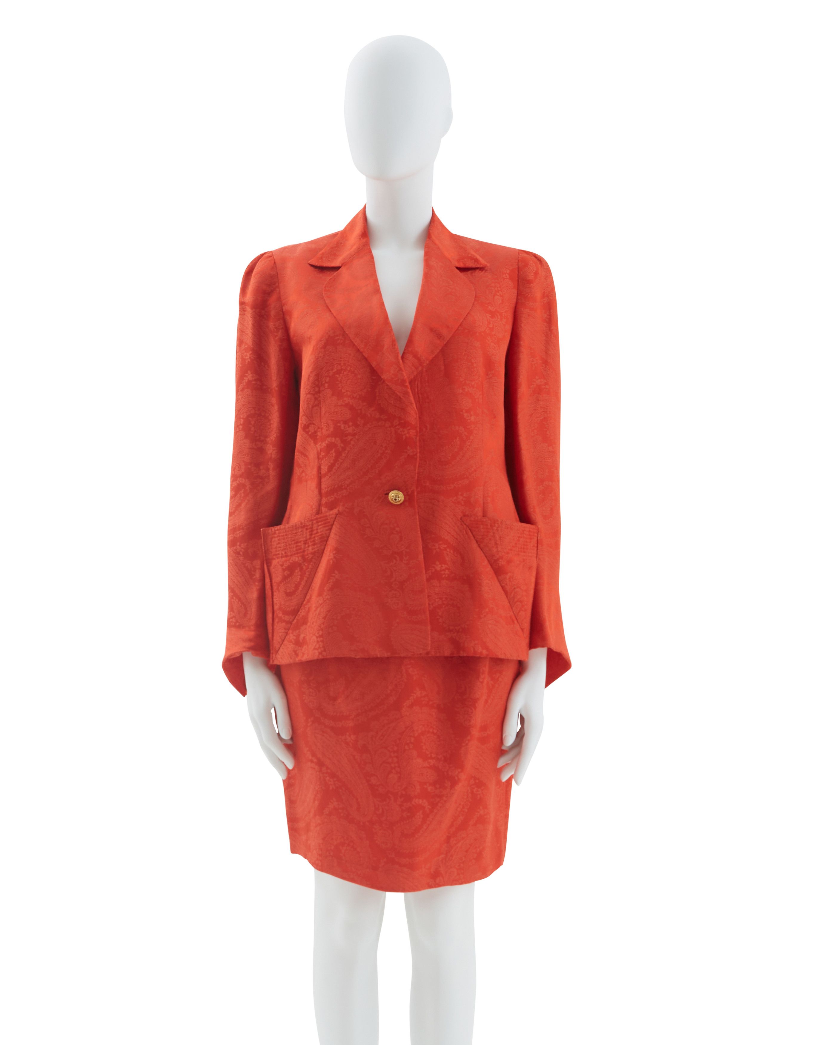 Versace S/S 1991 Orange silk paisley print blazer and skirt set Size M / US 6-8 / IT 42-44 - 1 Thumbnail