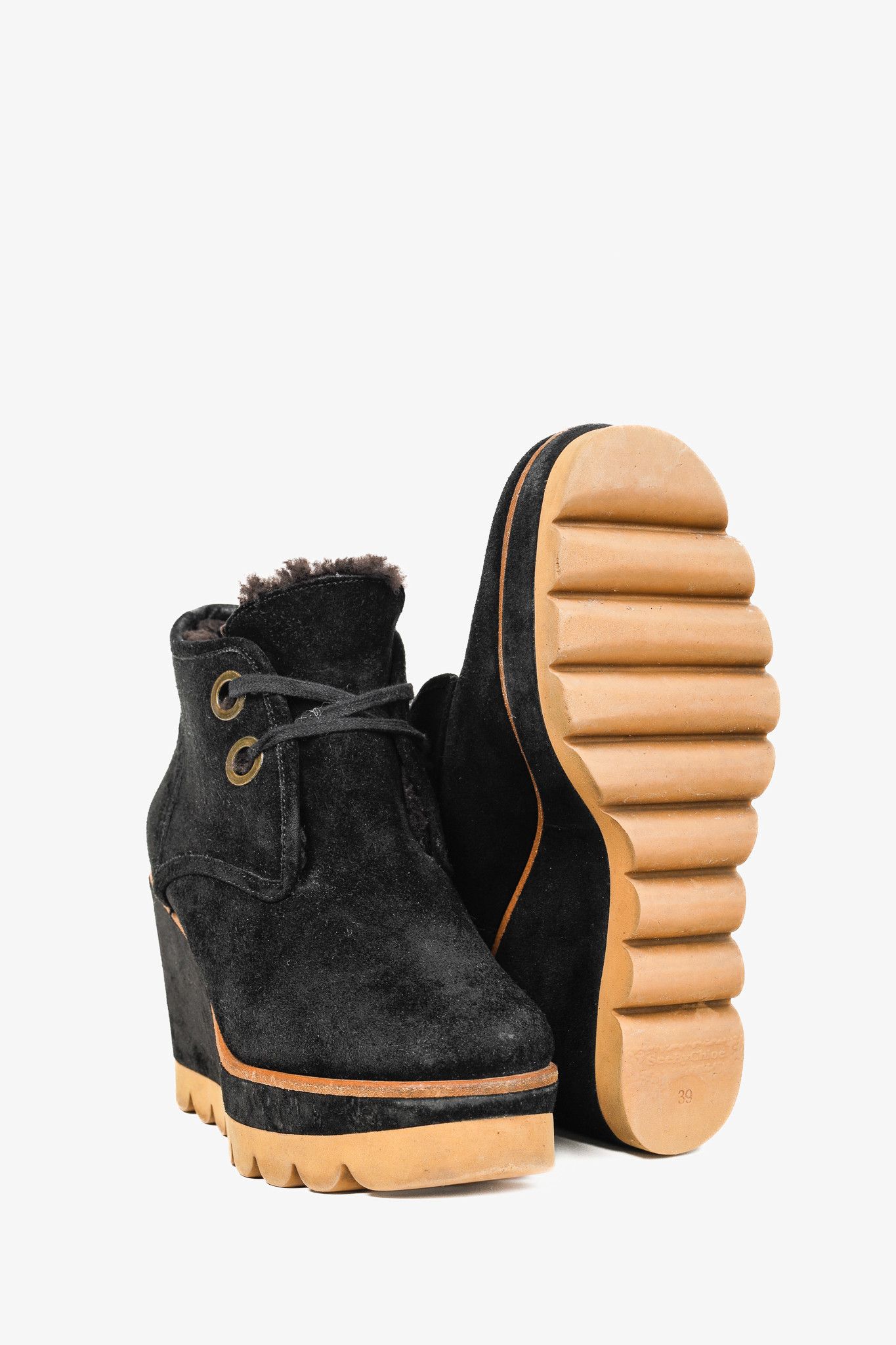 See by Chloe See by Chloe Ethel Shearling-Lined Suede Wedge Booties Size US 8.5 / IT 38.5 - 4 Thumbnail