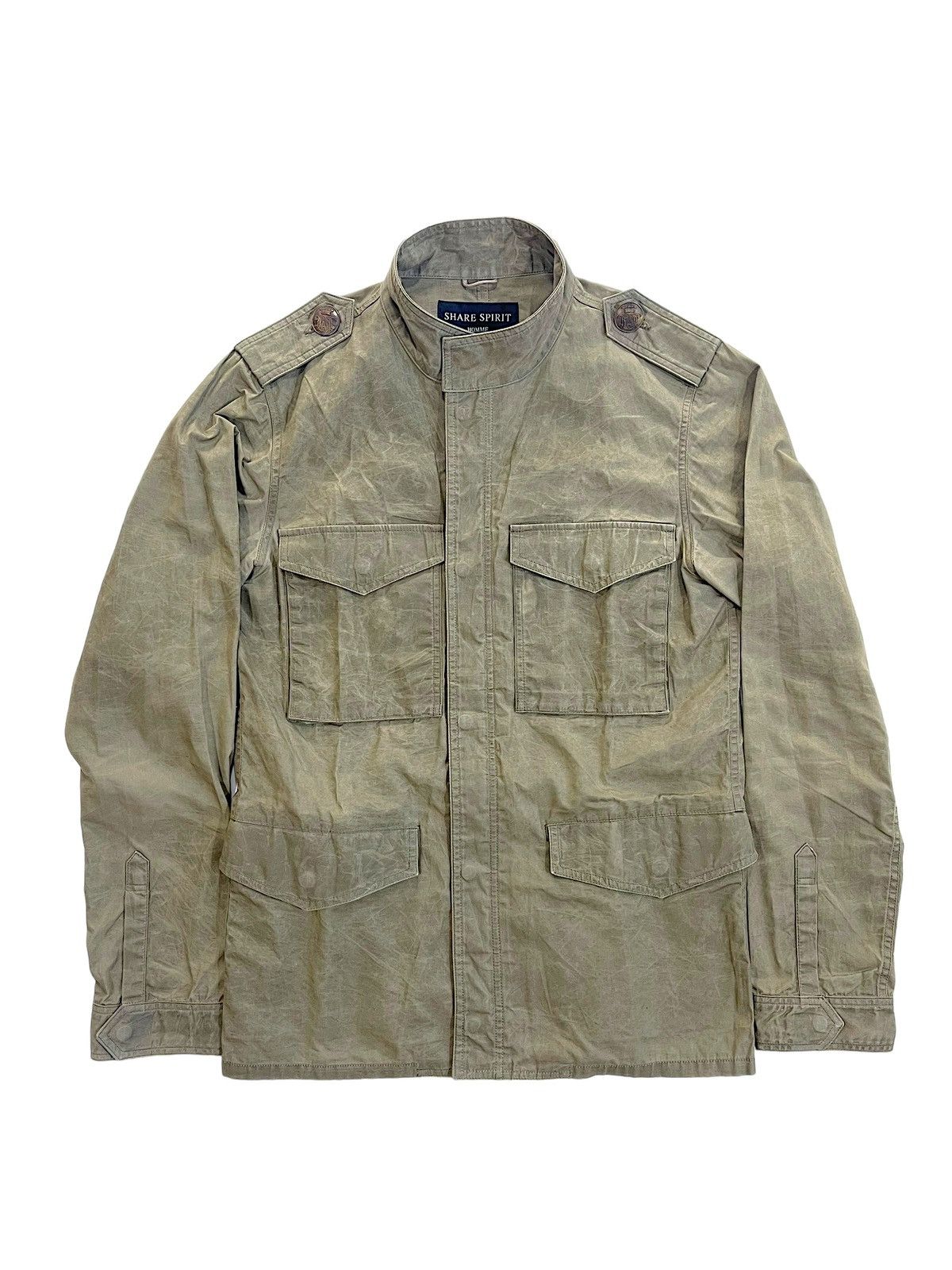 image of Share Spirit Homme Wrinkle Effect Military M-65 Badge Jacket Shirt in Green Olive (Size Medium)