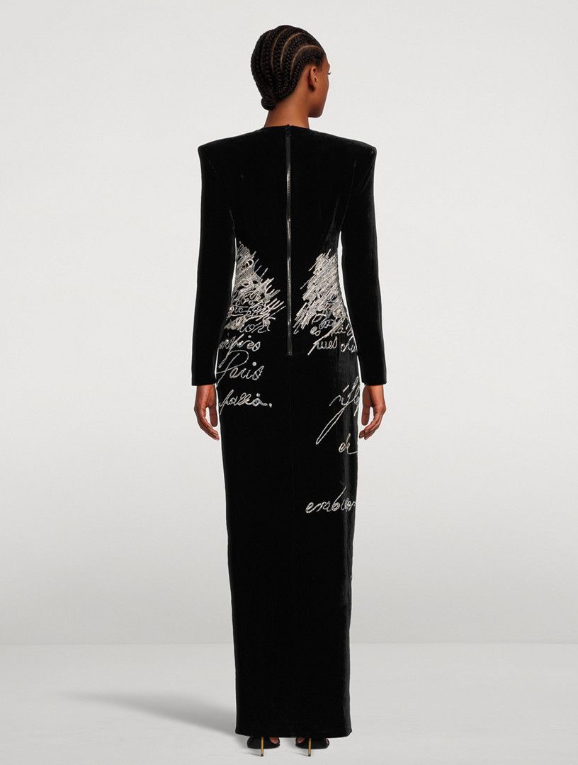 Balmain o1s1wg111225 Lovel Letter Embellished Velvet Gown in Black Size L / US 10 / IT 46 - 3 Thumbnail