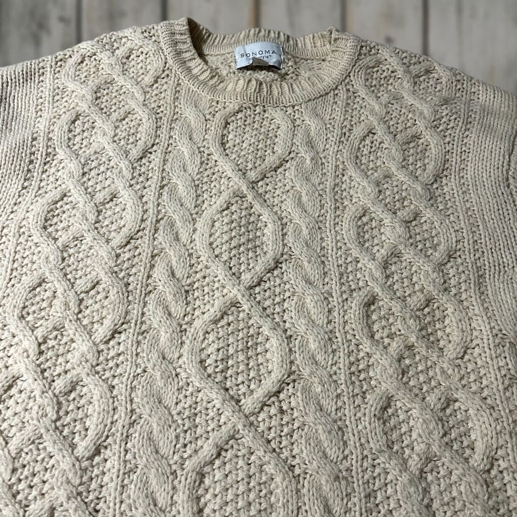 Vintage VINTAGE Sonoma Oversized Fisherman Cable-Knit Sweater L Men Cream 90s Pullover Large Size US L / EU 52-54 / 3 - 1 Thumbnail