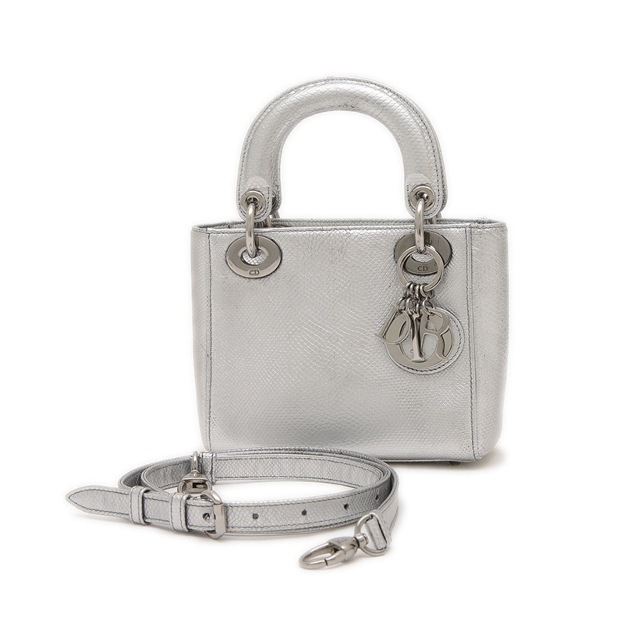 Christian Dior Dior Lady Mini Cannage Shoulder Bag 2Way Leather Silver, Women's