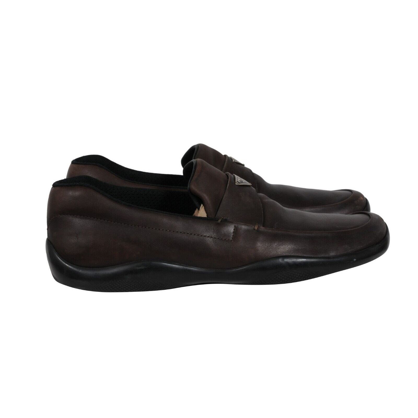 Prada Traingle Logo Plaque Loafers Brown Leather - 01768 Size US 11 / EU 44 - 7 Thumbnail
