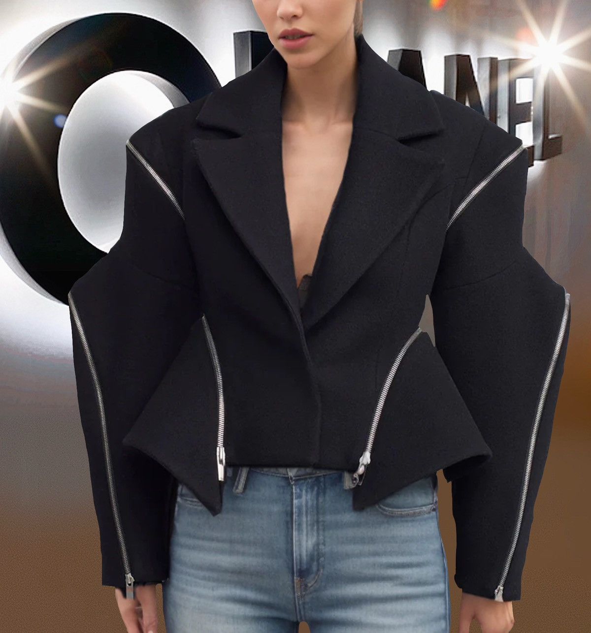 Designer × Other NWT, Lavishly Paris Designer Black Spliced Zipper Jacket. Size M / US 6-8 / IT 42-44 - 1 Thumbnail