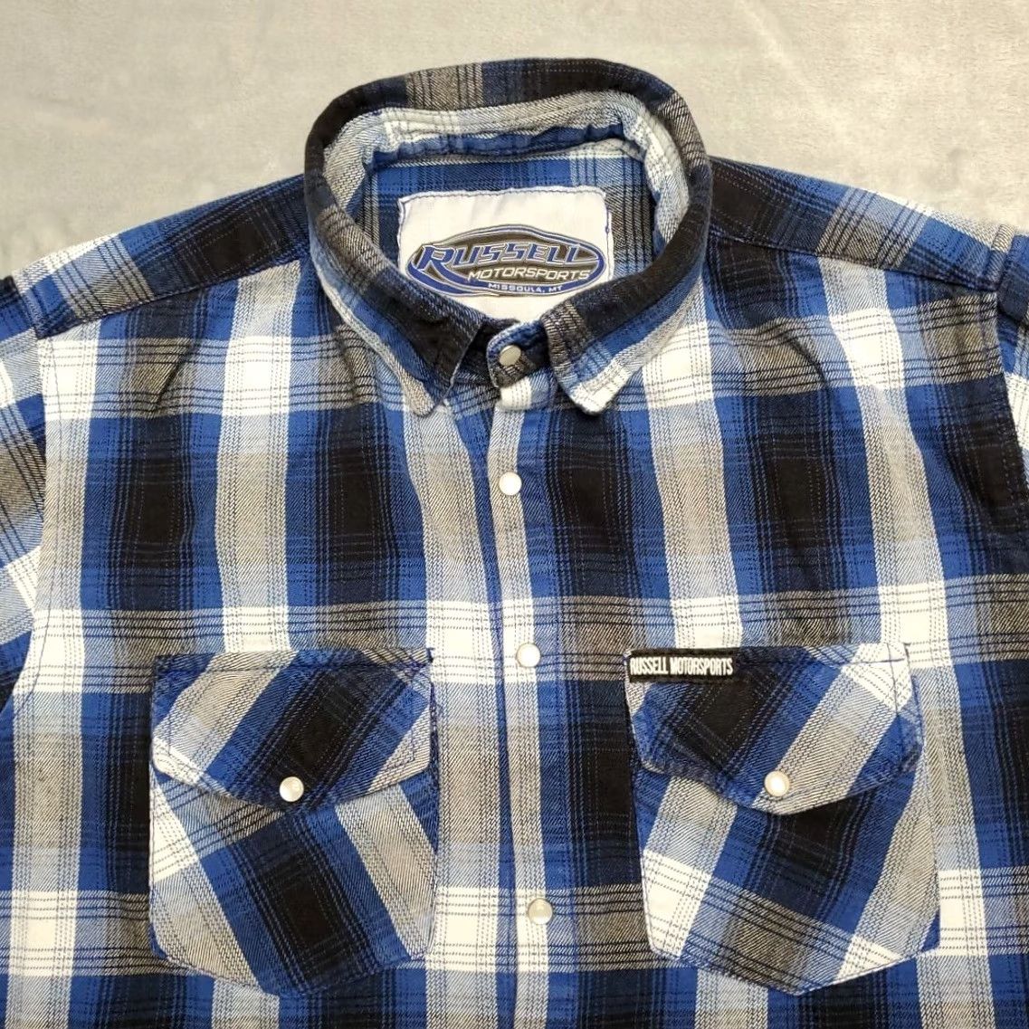 Vintage VTG Motorsports Shirt Mens L Blue Plaid Flannel Pearl Snap Western MT Missoula Denim? Size US L / EU 52-54 / 3 - 3 Thumbnail