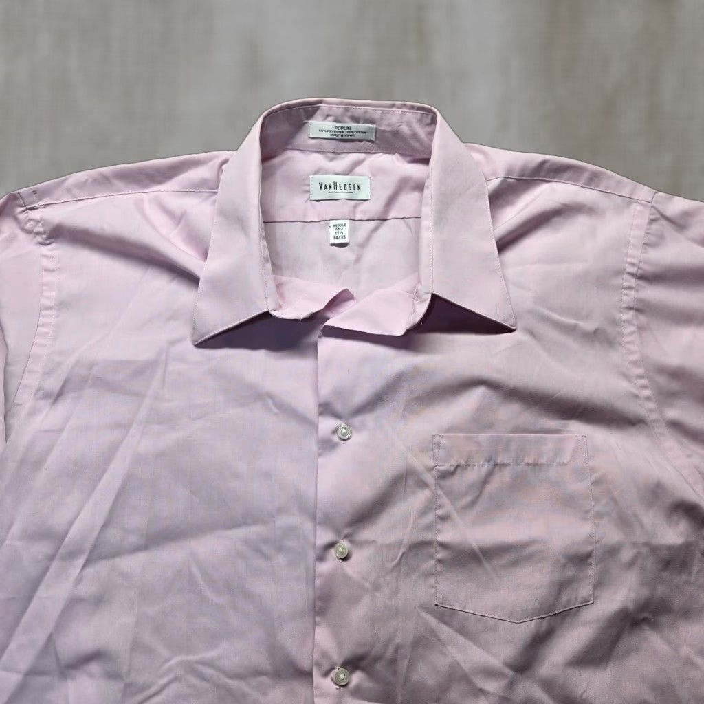 Van Heusen Van Heusen Dress Shirt 17.5 34/35 Pink Poplin Solid Button Up Collar Mens Size 46R - 1 Thumbnail