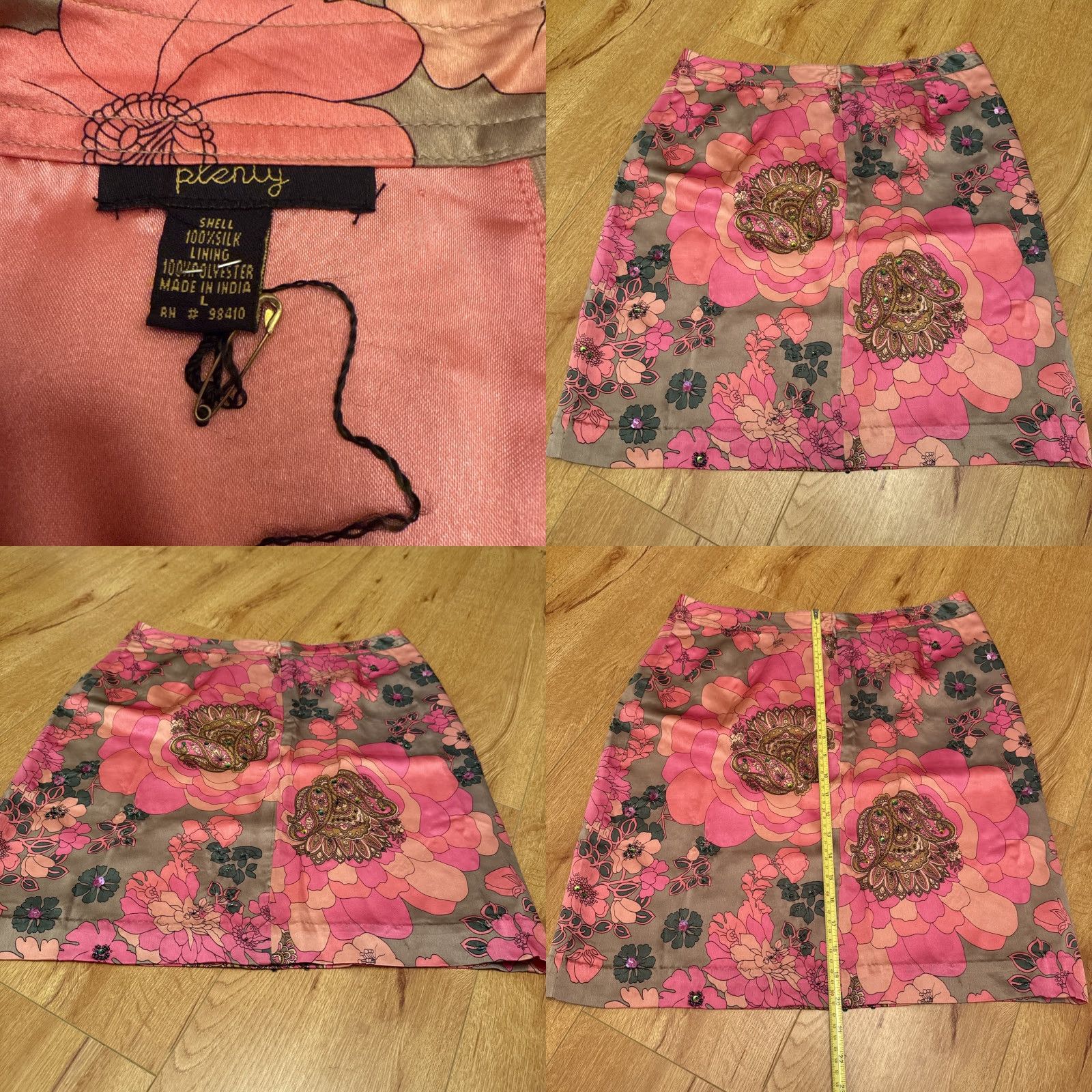 Pinko VINTAGE Plenty Silk Pencil Skirt Beaded Floral Satin Pink 90s Y2K Knee Length Womens Regular Large Yellow Size 36" / US 14 / IT 50 - 8 Thumbnail