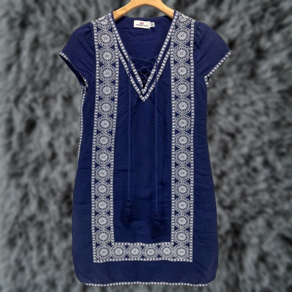 Vineyard Vines Vineyard Vines Linen Blend Dress 00 Blue Embroidered Short Lace Up Neck Size 24" / US 00 / IT 34 - 1 Thumbnail