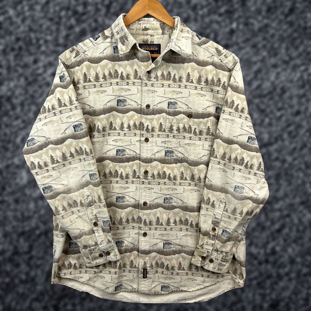 Vintage VINTAGE Woolrich Shirt Mens 2XL Flannel Beig e Plaid Cotton Long Sleeve Button-Up Collared Casual Outdoor Fish Theme Size US XXL / EU 58 / 5 - 1 Thumbnail