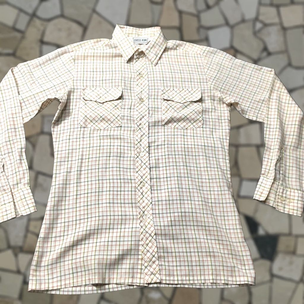 Vintage Chess King Shirt Mens M Beige Check Button-Up Long Sleeve 70s Slim Vintage? Size US M / EU 48-50 / 2 - 1 Thumbnail