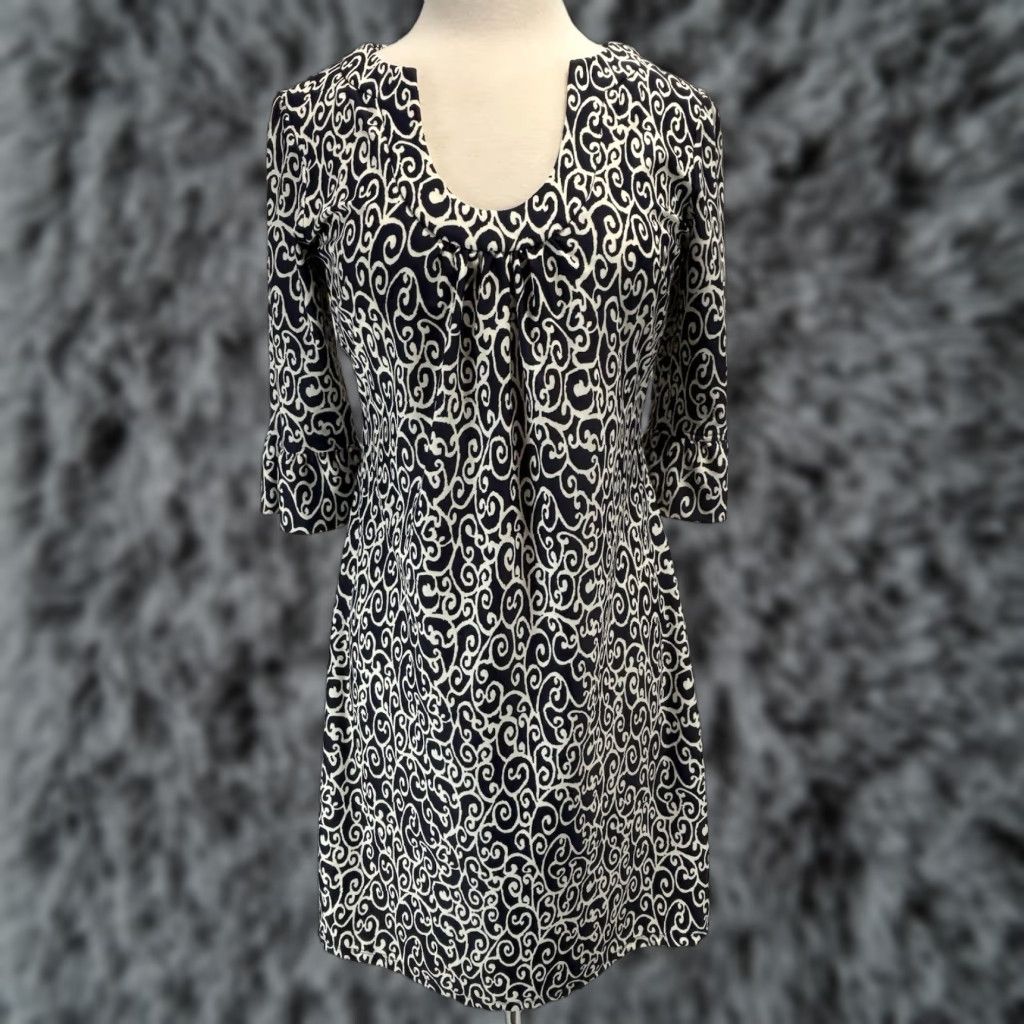 Vintage Jude Connally Dress Women's Medium A-Line Short Sleeve Pull-On Casual Party Travel Navy Ivory Stretch Size M / US 6-8 / IT 42-44 - 1 Thumbnail