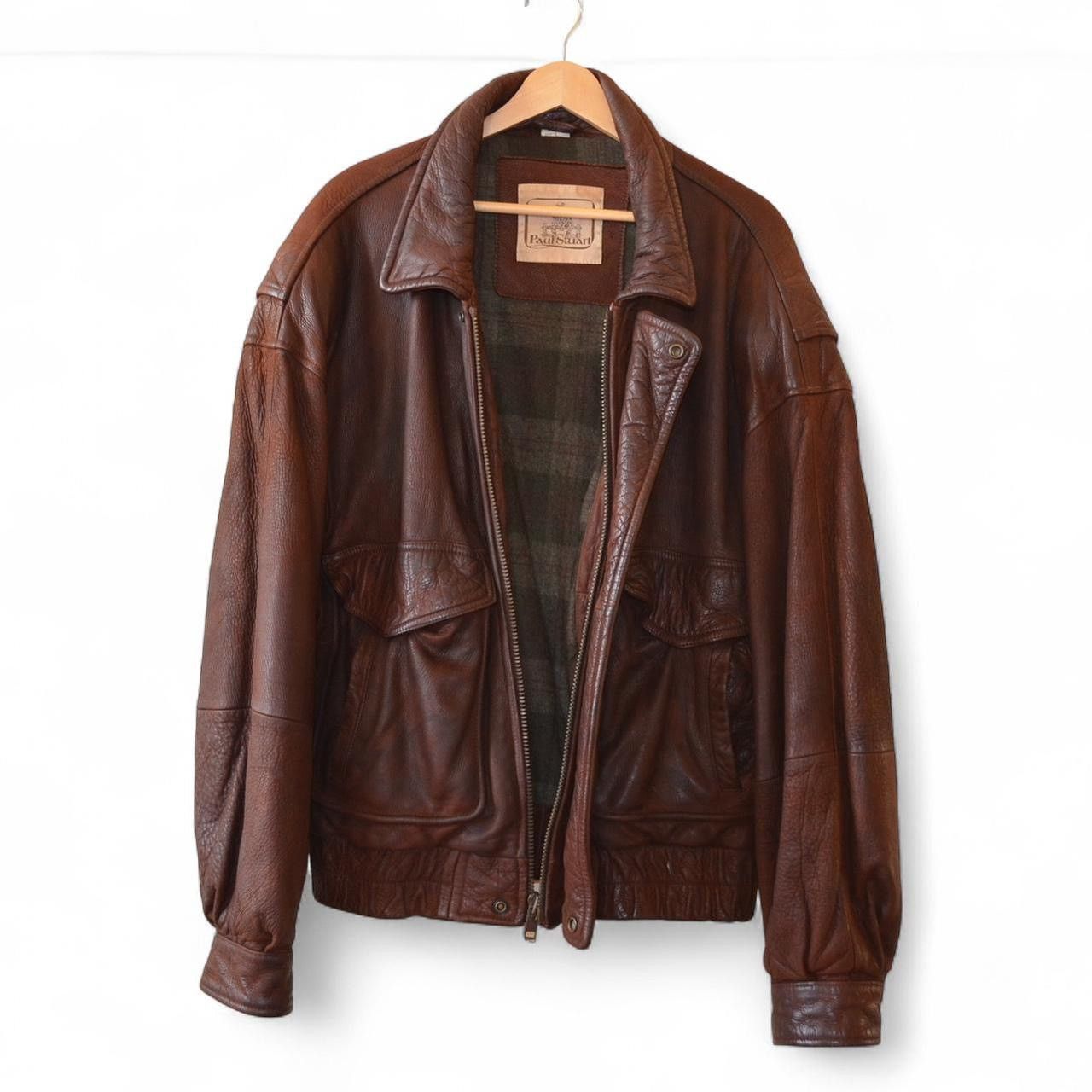 90's「PAUL STUART」Brown Leather Blouson 90s Paul Stuart cognac brown oversized leather jacket M