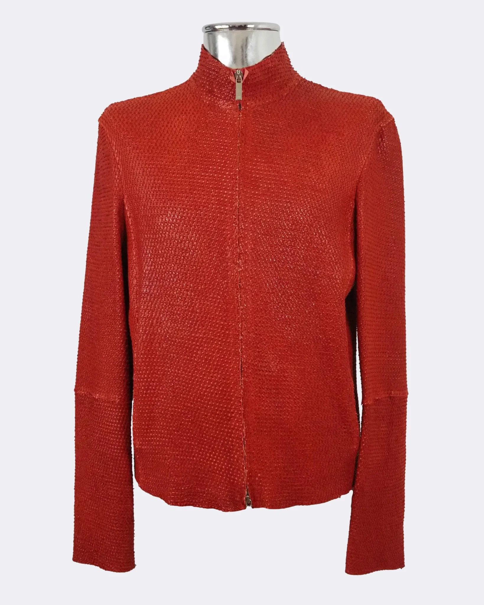 image of Men's Emporio Armani Laser-Cut Stretch Leather Jacket $2015 in Red (Size Medium)