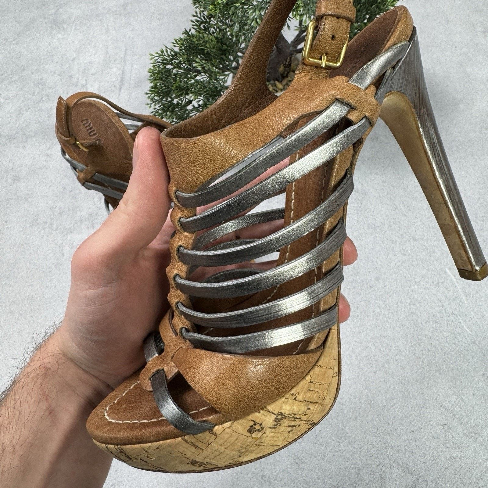 Miu Miu Miu Miu Platform Strappy Brown/ Silver Heels Sandals Size US 8.5 / IT 38.5 - 19 Thumbnail