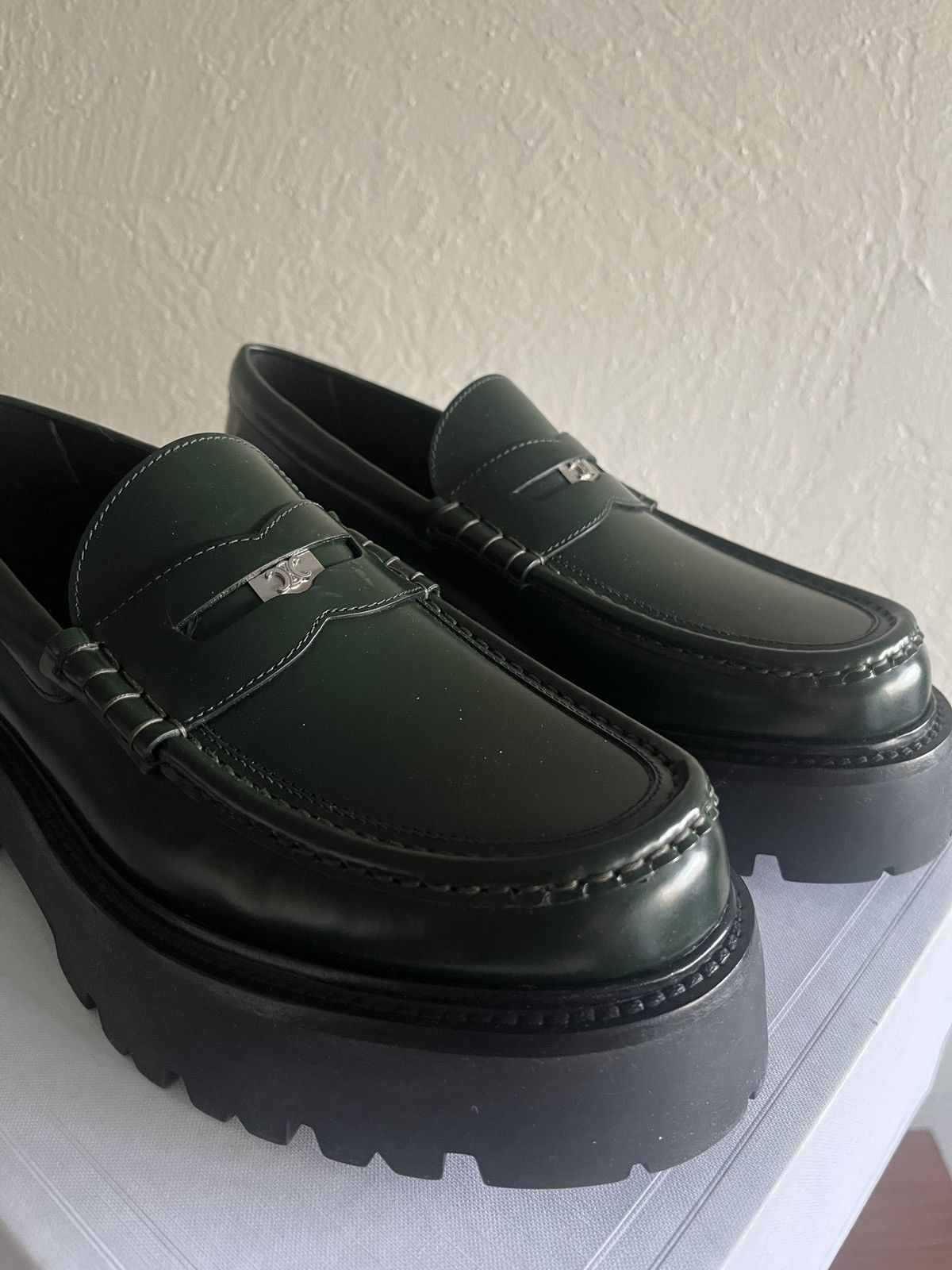 Celine × Hedi Slimane Celine Polished Bull Penny Loafers Green Chunky Leather Size US 9.5 / EU 42-43 - 3 Thumbnail