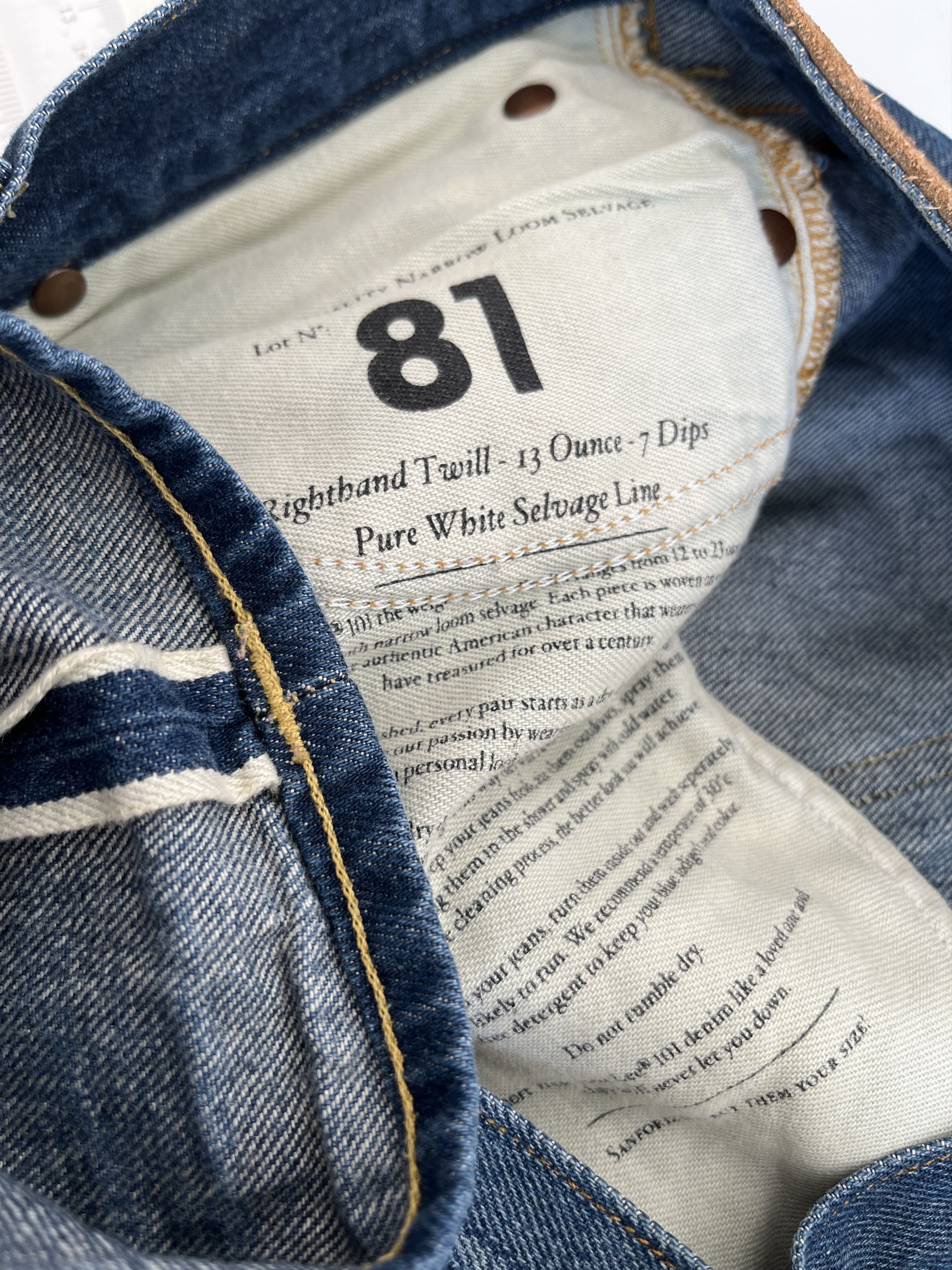 Lee 101S Righthand Twill 13 oz 7 Dips Pure White Selvage W33 L34 Size US 33 - 12 Thumbnail