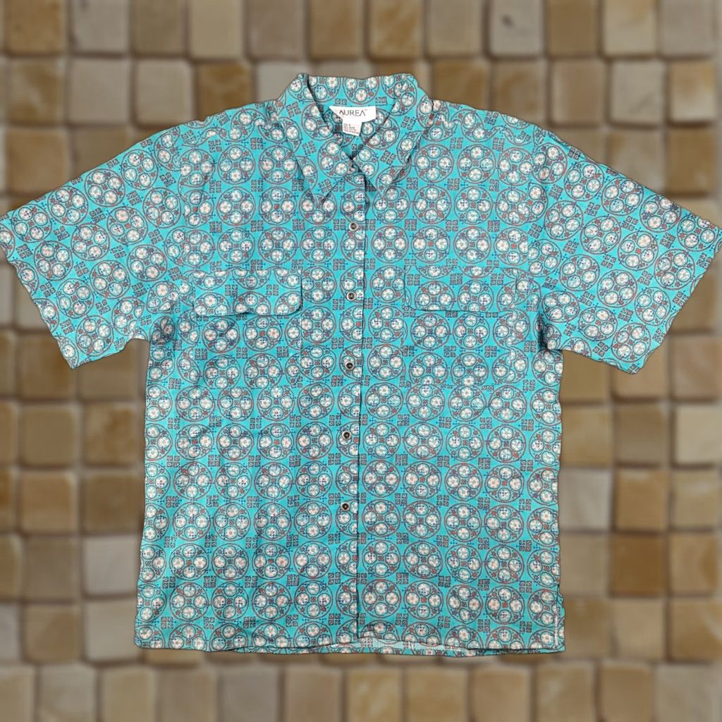 Vintage Vintage Aurea Women's Button-Up Shirt 8 Blue Geometric 90s Retro Casual Preppy Cotton Ramie Size M / US 6-8 / IT 42-44 - 1 Thumbnail