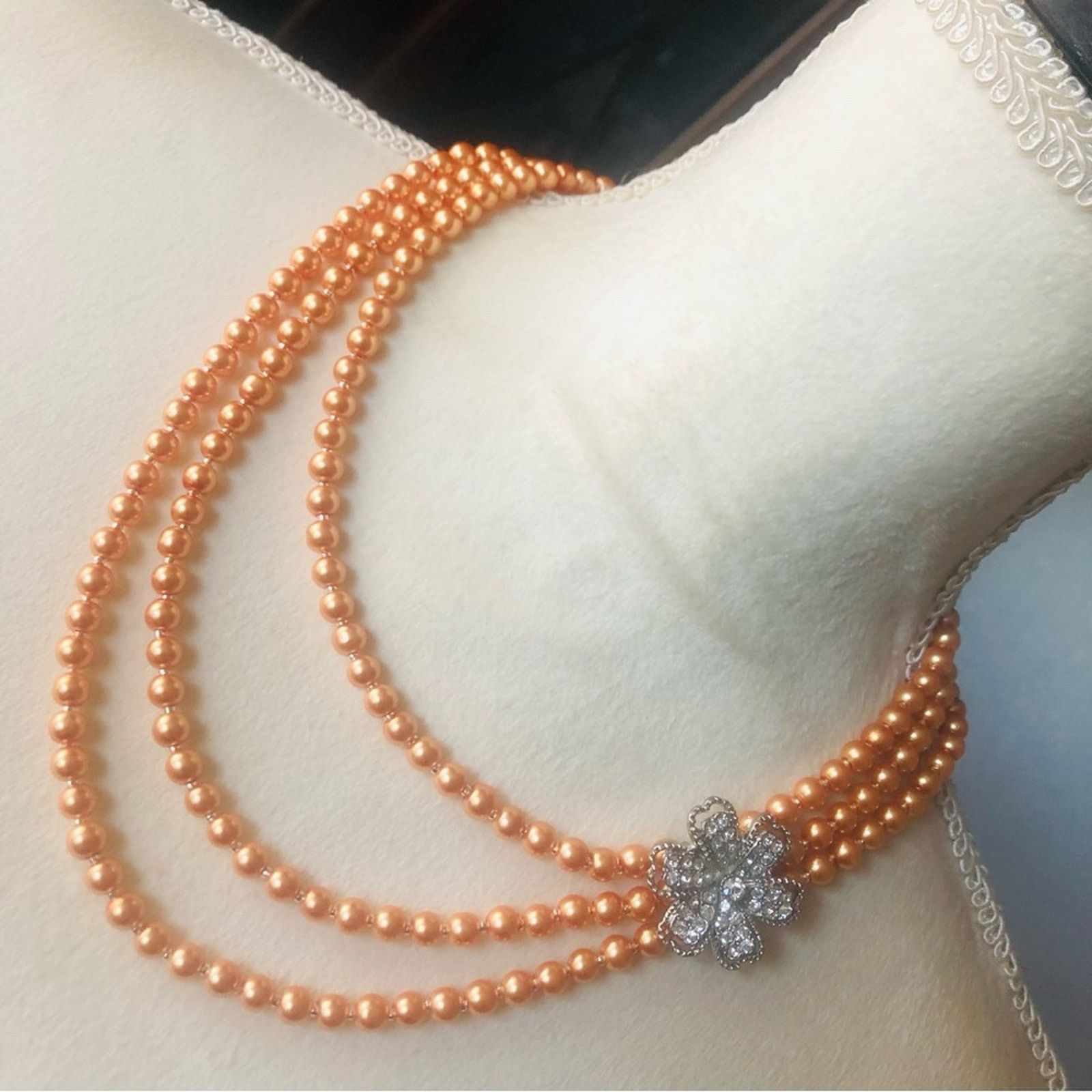 Handmade Handcrafted triple strand golden peach pearl necklac Size ONE SIZE - 1 Thumbnail