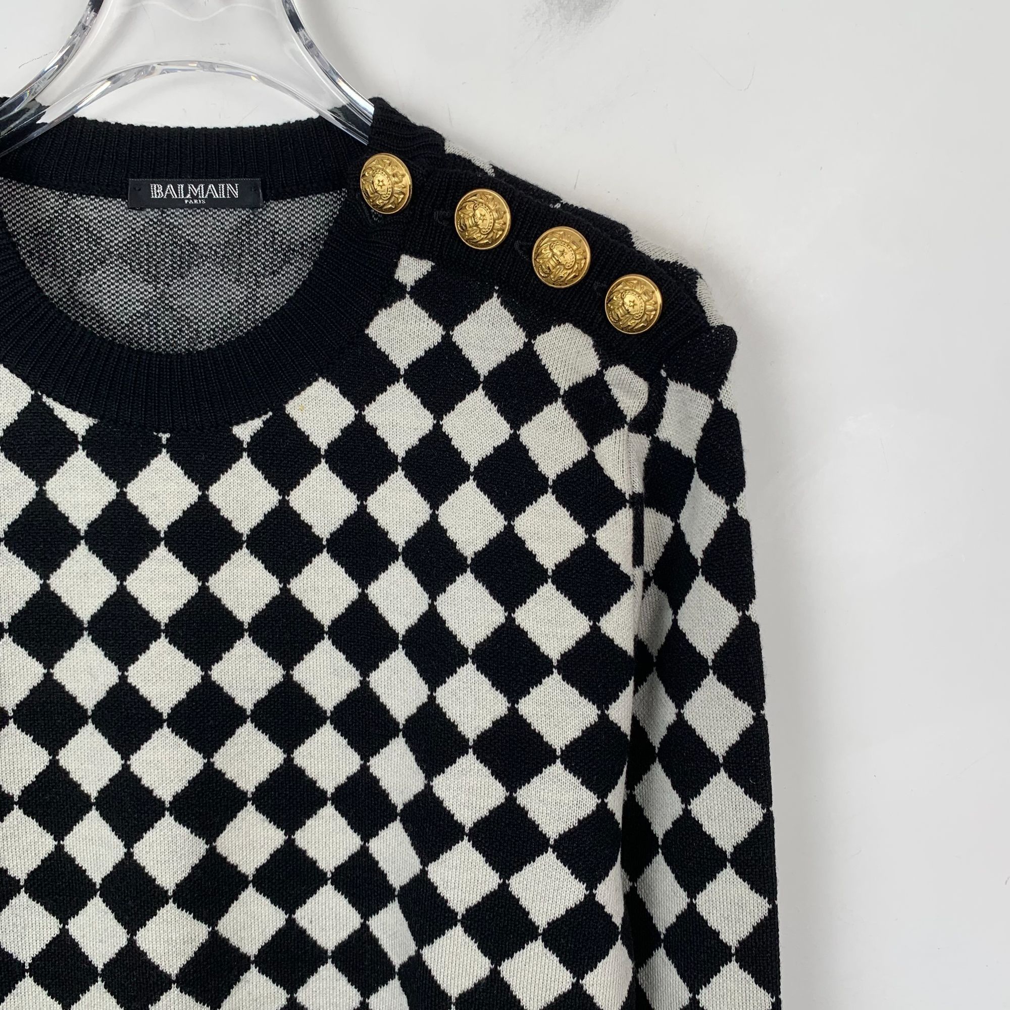 H10195 Balmain Black & White Checkered Wool Sweater