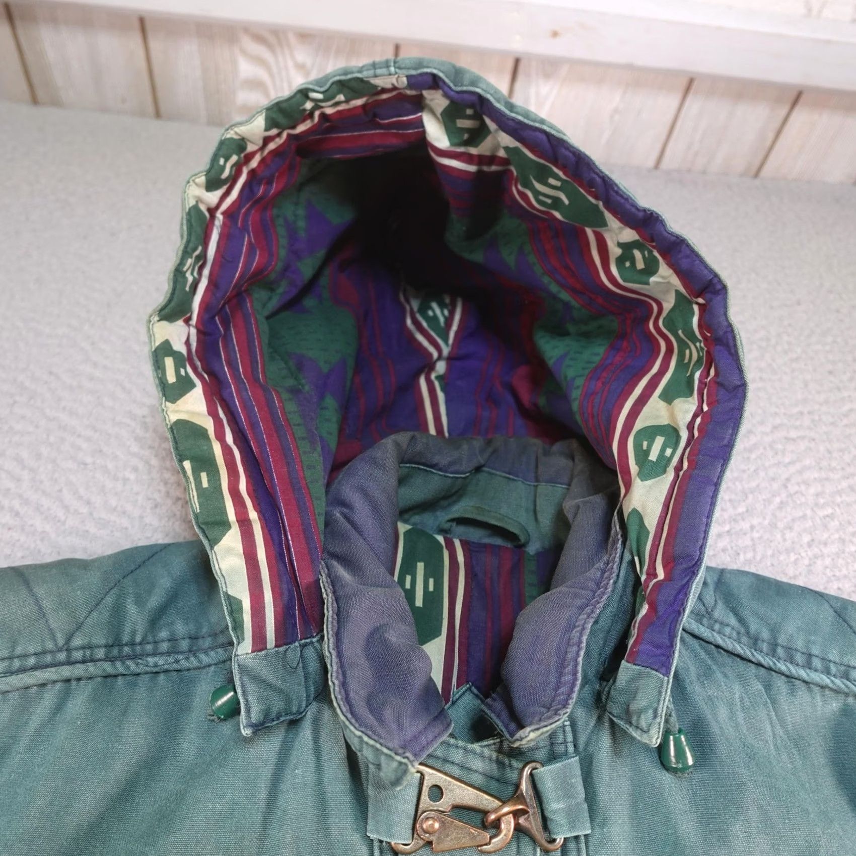 Vintage VINTAGE In Crowd Jacket Mens S Green Canvas Parka Hooded Insulated Lined Pockets Tribal Aztec Pattern Sailor/Outdoor Winter Coat Size US S / EU 44-46 / 1 - 6 Thumbnail