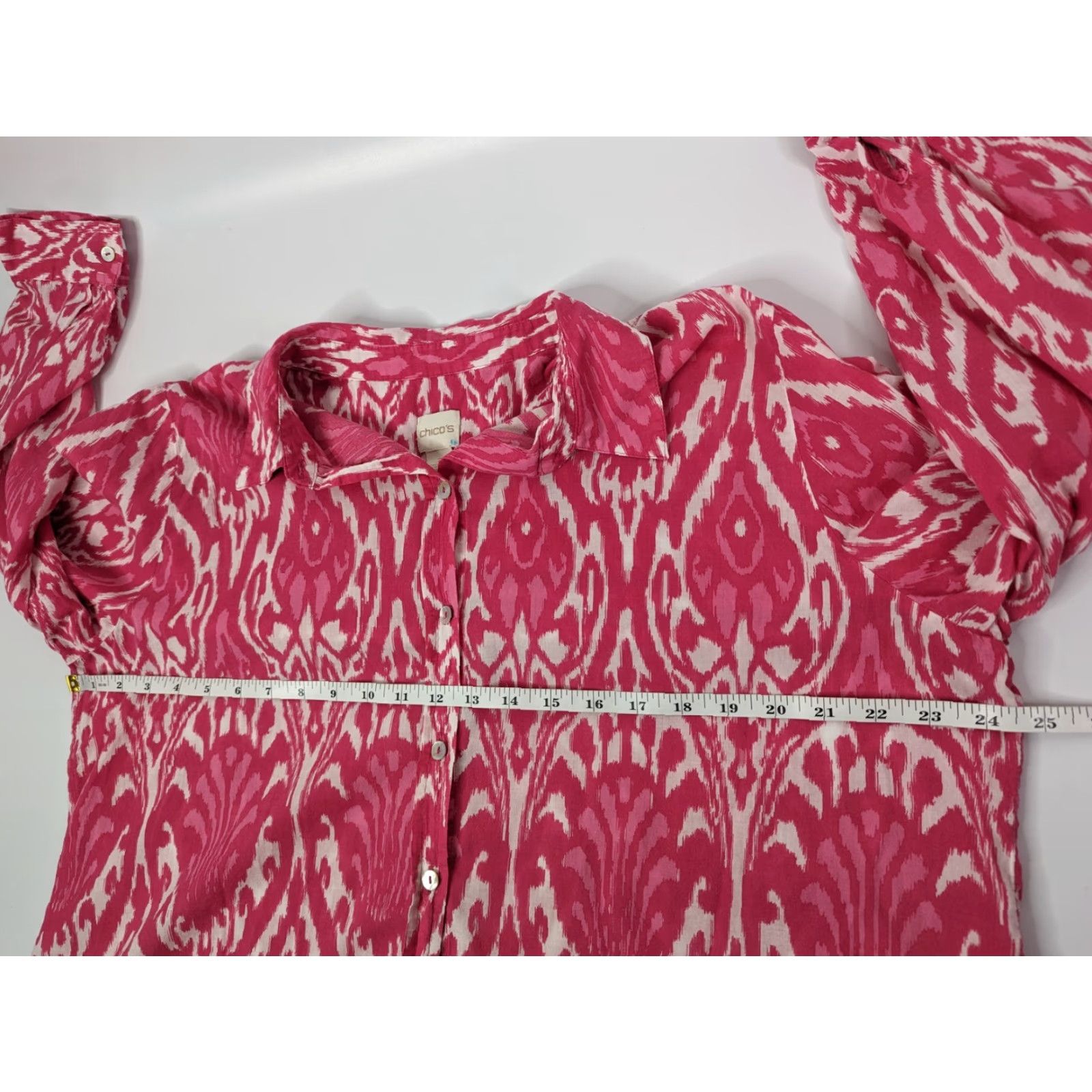 Vintage Chicos Shirt Womens Button-Up Damask Ikat Cotton Pink XL 3 US Sheer Sleeve Long Collared Size XL / US 12-14 / IT 48-50 - 6 Thumbnail