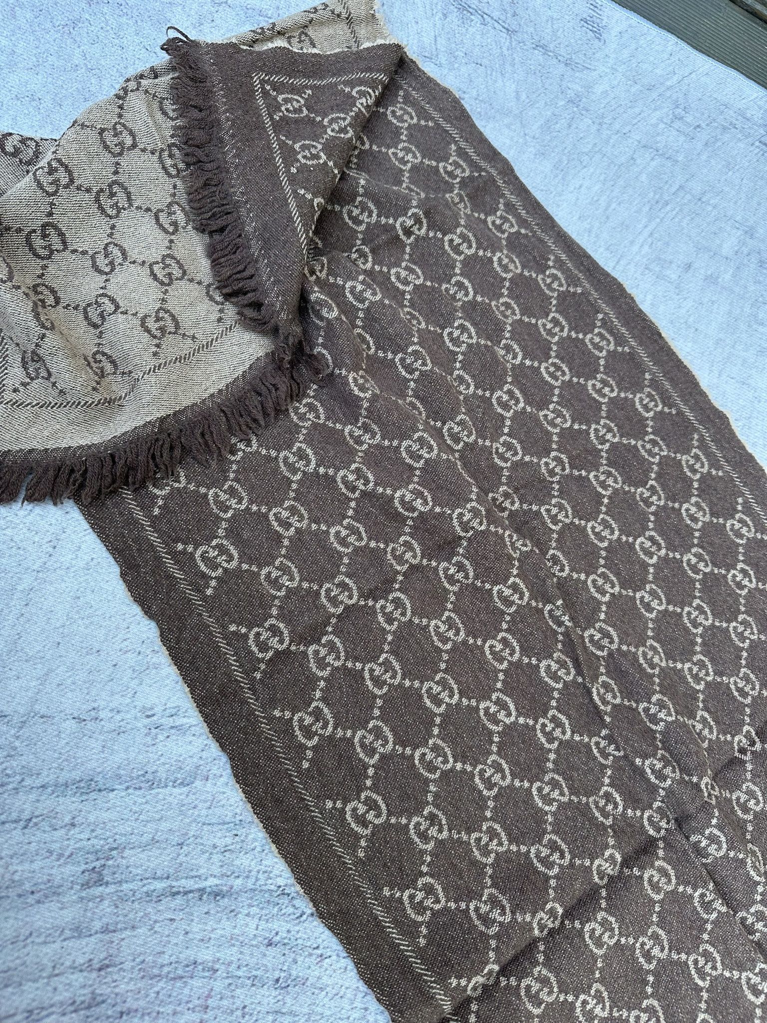Gucci Gucci Scarf GG Monogram Logo Brown and Beige Two-tone Wool Size ONE SIZE - 9 Thumbnail
