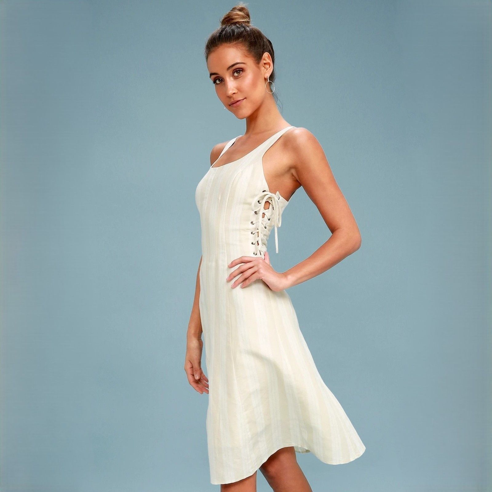 ASTR The Label Elena Beige Striped Lace-up Midi Dress size L $148 NWOT Size L / US 10 / IT 46 - 1 Thumbnail