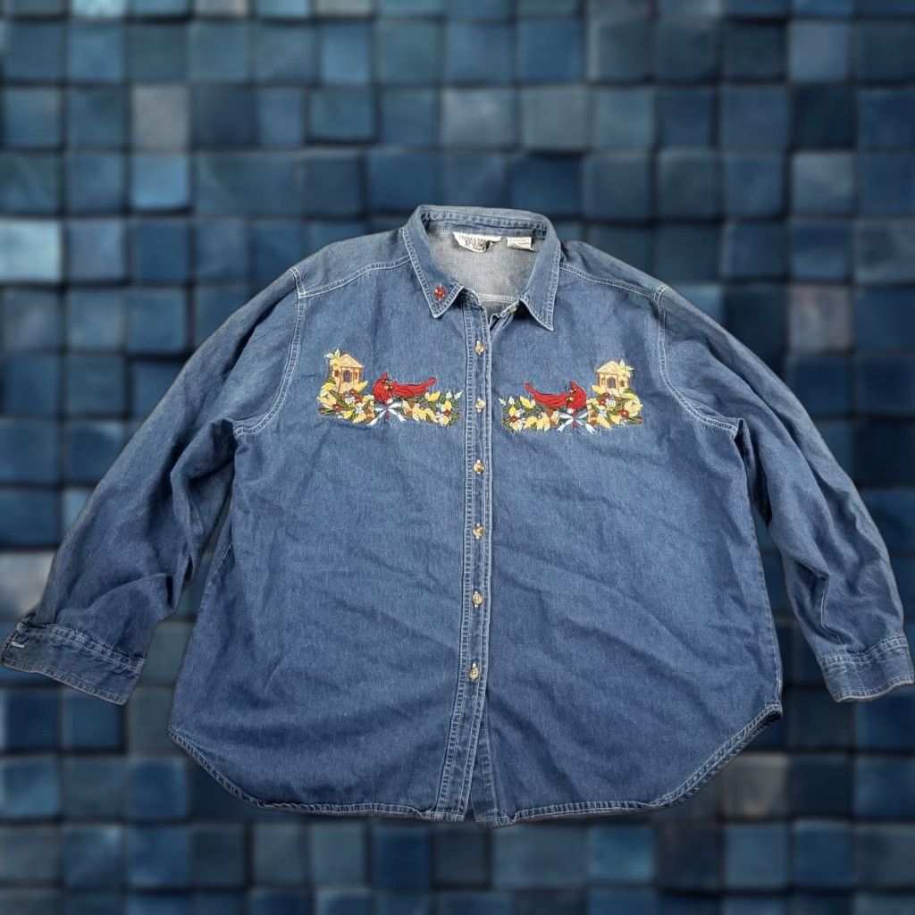 Vintage VINTAGE Lauren Brooke Denim Top Shirt Women XL Blue Embroidered Birds 90s Style Button-Up Blouse Ladies XL Size XL / US 12-14 / IT 48-50 - 1 Thumbnail