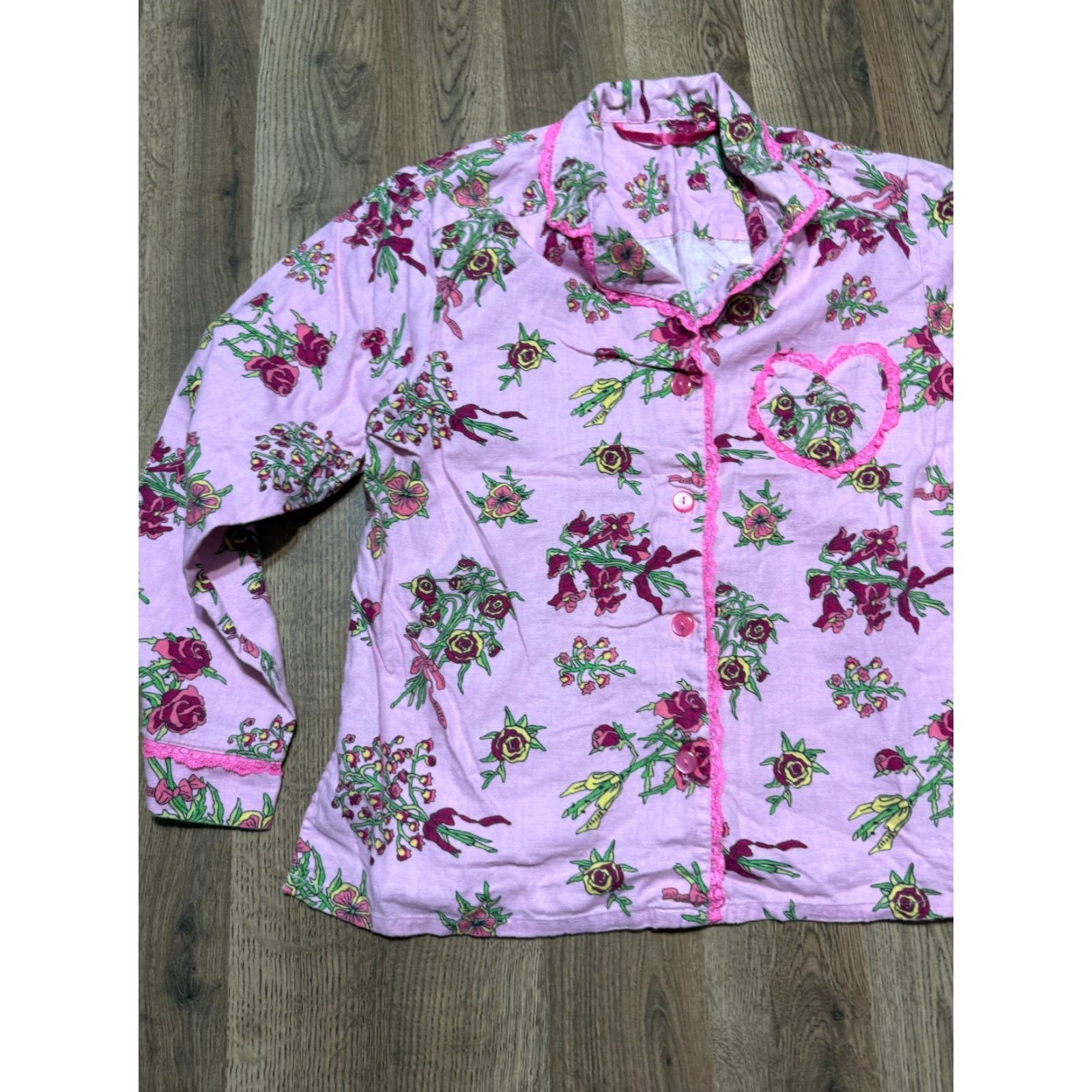 Vintage Sleepwear Set Women's Medium Pink Floral Long Sleeve Button Up & Pants Size M / US 6-8 / IT 42-44 - 4 Thumbnail