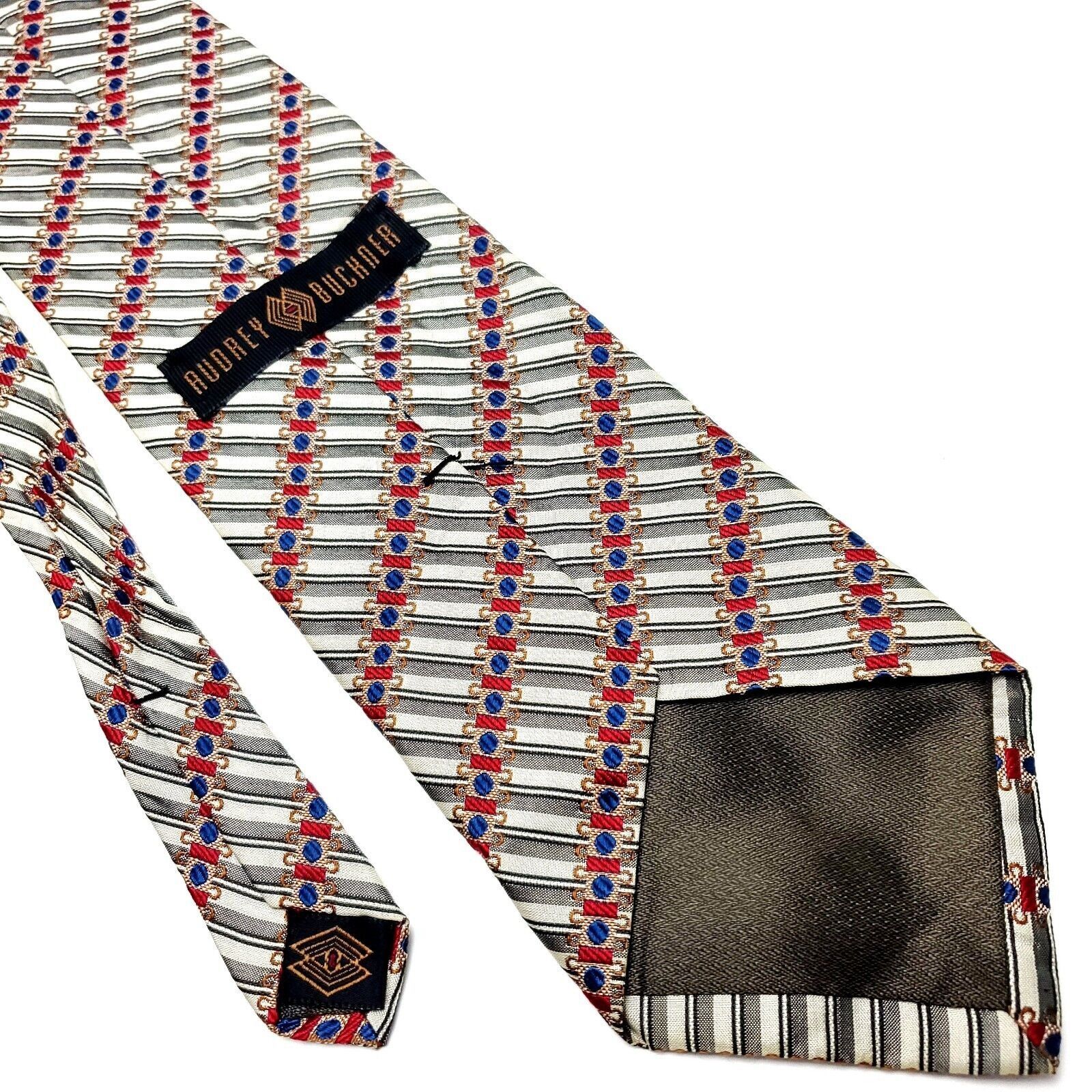 Vintage Audrey Buckner Grey & Red Silk Tie Woven Wide Striped Size ONE SIZE - 3 Thumbnail