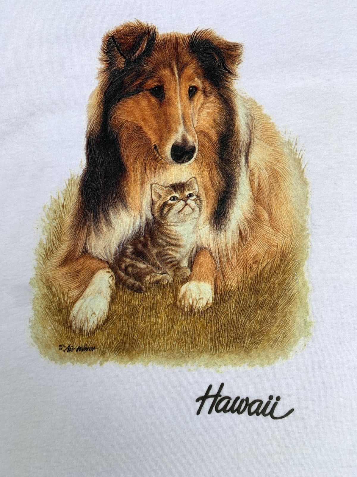 Vintage 1990s White Dog Cat Art by Air Waves Hawaii State Tee Size US L / EU 52-54 / 3 - 2 Thumbnail