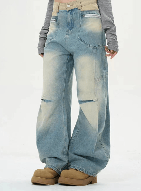 Japanese Brand × Jean Straight loose washed distressed colorblocked flared jeans Size US 32 / EU 48 - 2 Thumbnail