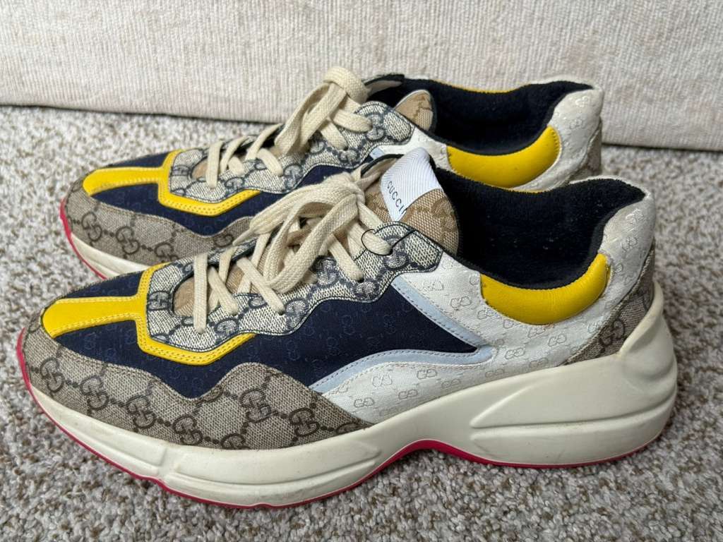 Gucci Gucci GG Rhyton Sneakers - Beige, Navy, & Yellow - Size 9+ Size US 9 / EU 42 - 9 Thumbnail