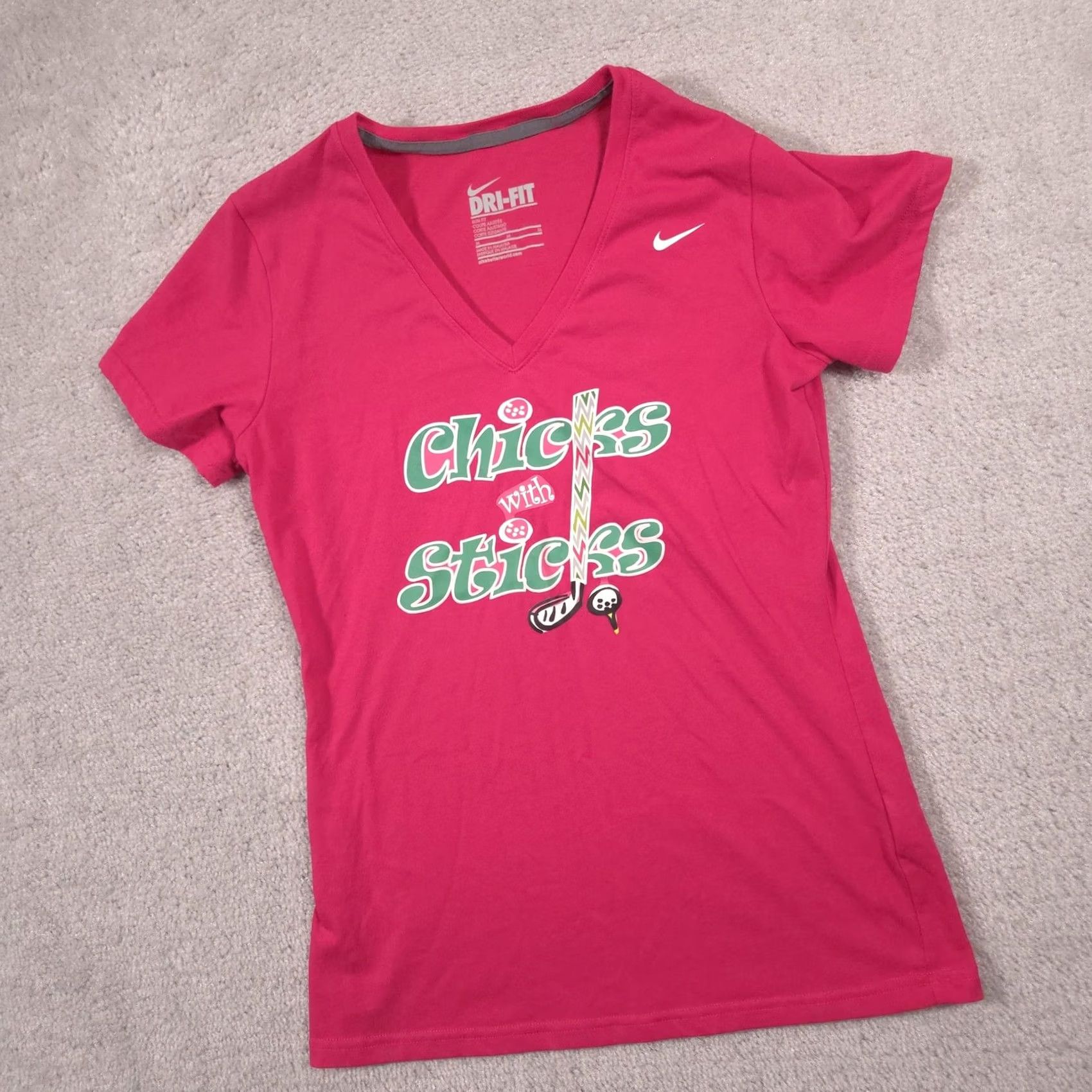 Nike Nike Dri-FIT Shirt Womens Medium Pink V Neck Short Sleeve Chicks With Sticks Size M / US 6-8 / IT 42-44 - 2 Thumbnail
