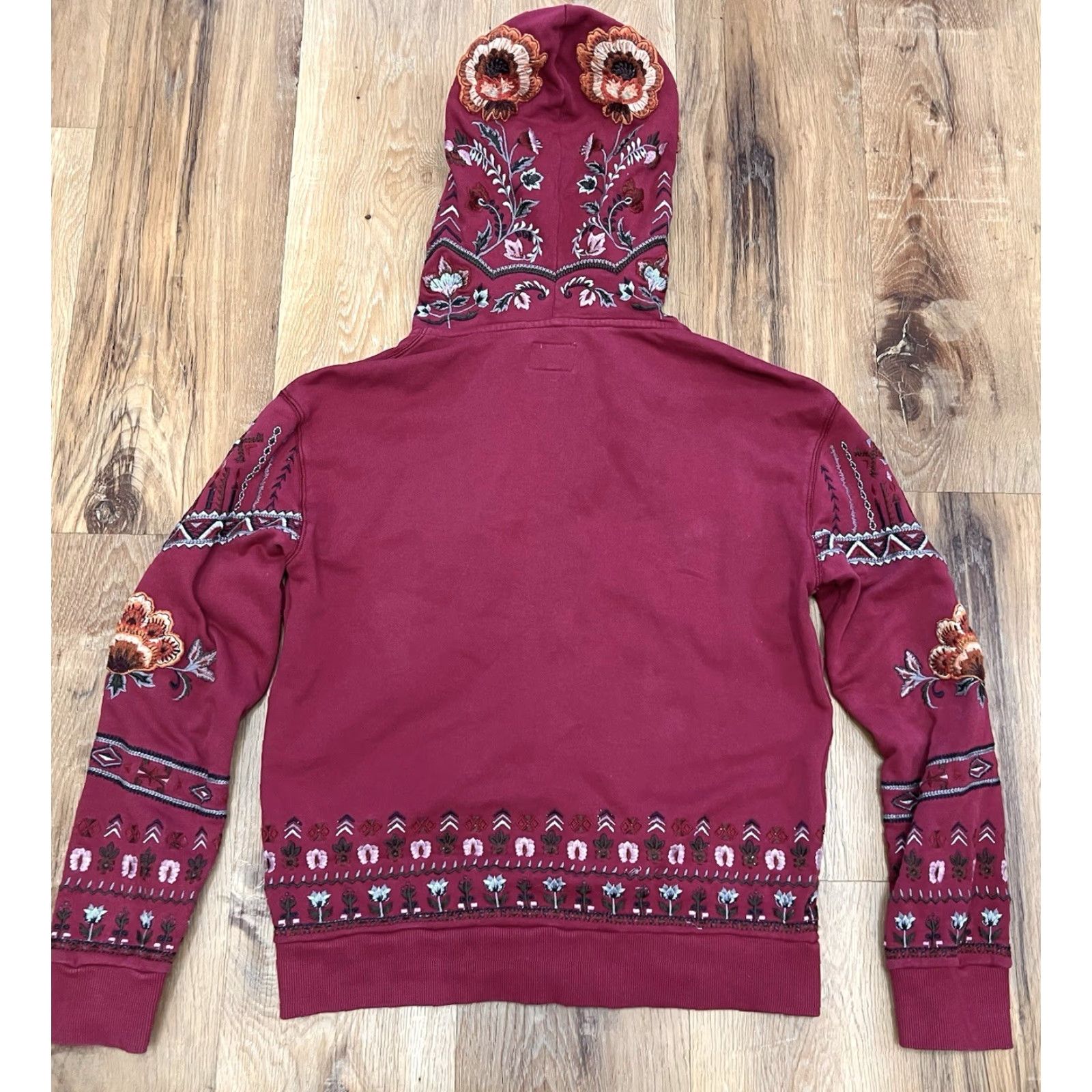 Vintage Driftwood Hoodie Shirt Maroon Floral Embroidered Zip Up Long Sleeve Hooded XS Women Size XS / US 0-2 / IT 36-38 - 4 Thumbnail