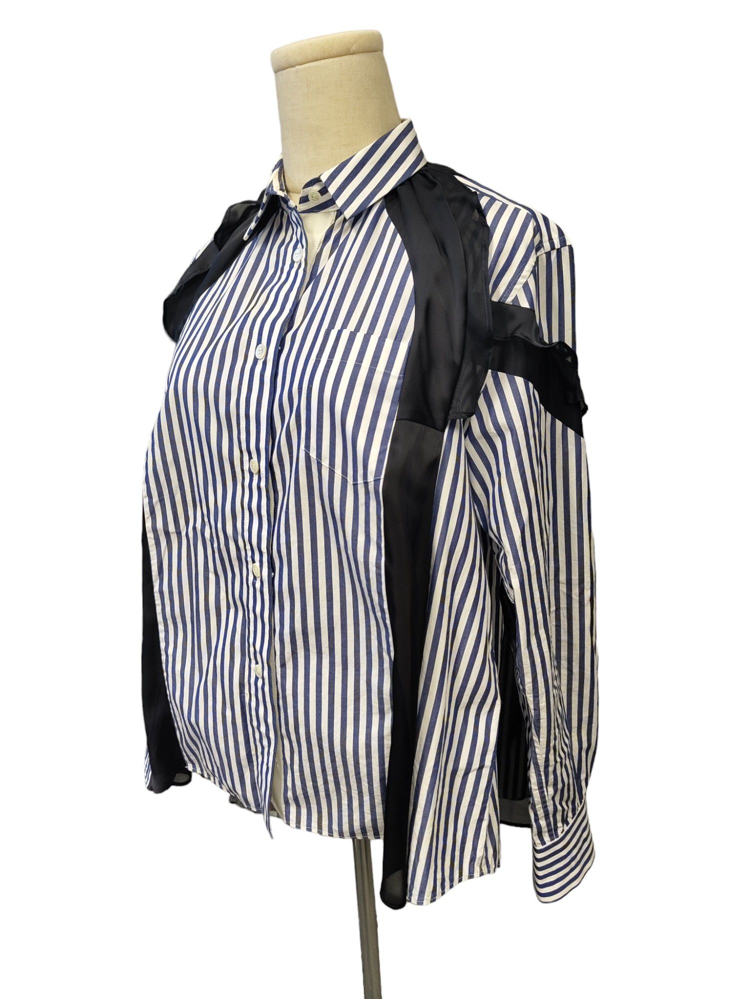 Sacai Blue And White Striped Shirt With Black Chiffon Details Size M / US 6-8 / IT 42-44 - 3 Thumbnail