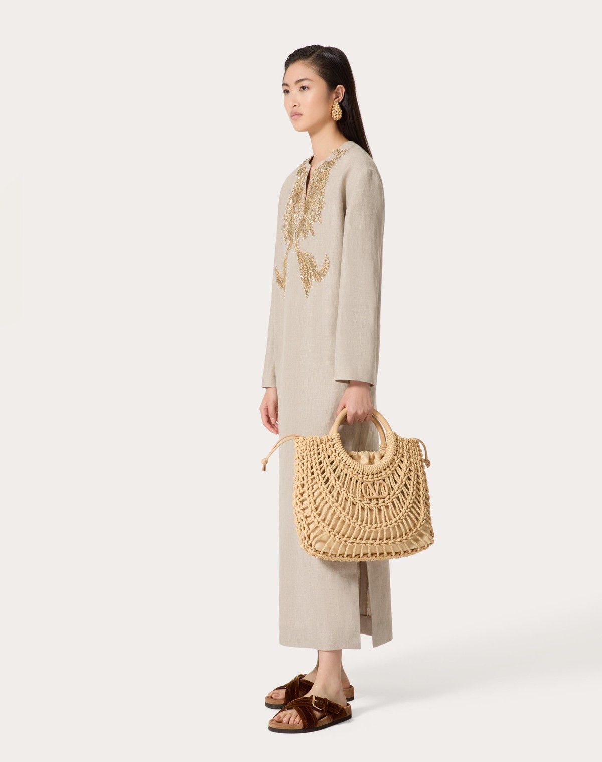 Valentino o1s1wg110525 Embroidered Linen Canvas Midi Dress in Beige Size M / US 6-8 / IT 42-44 - 3 Thumbnail
