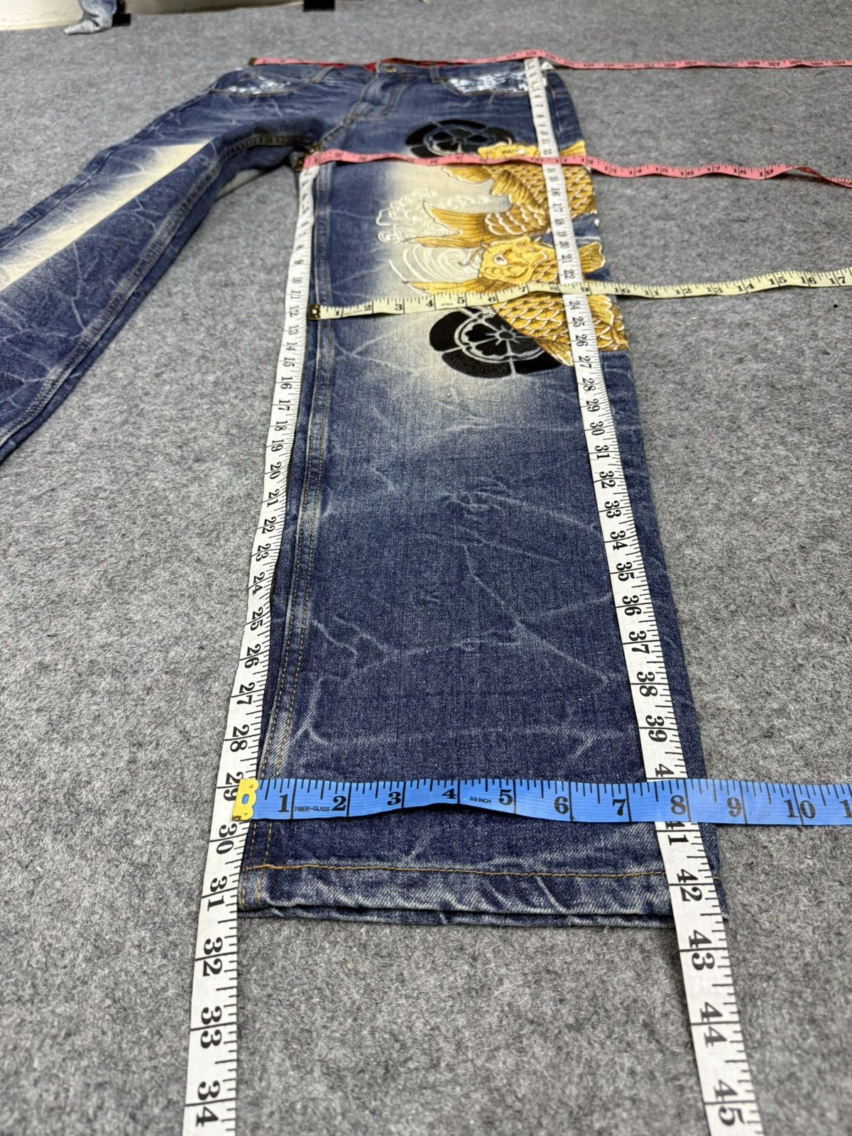 Karakuri Tamashii A4 Double Gold Koi Fish Embroidered Denim Size US 31 - 20 Thumbnail