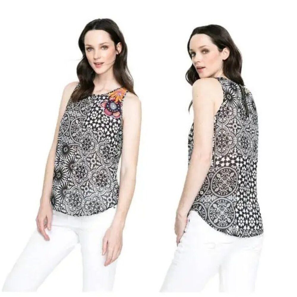 Desigual New Desigual Sleeveless Black White Embroidered Top Size M Size M / US 6-8 / IT 42-44 - 1 Thumbnail