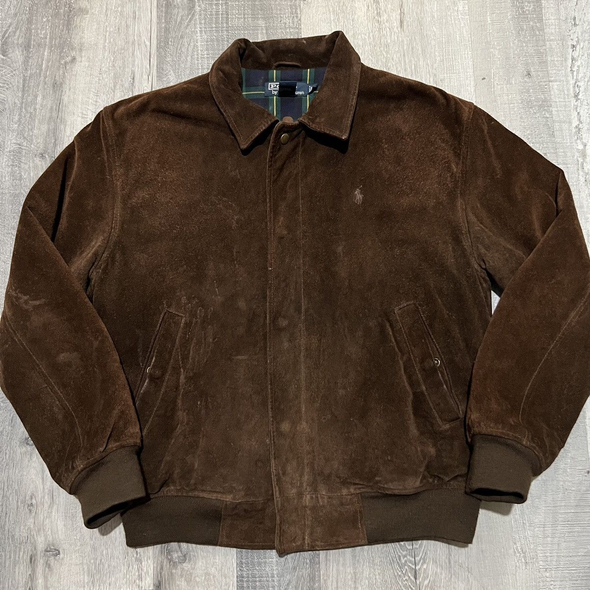 image of VTG Polo Ralph Laurent Suede Leather Plaid Bomber Jacket in Brown, Men's (Size Medium)