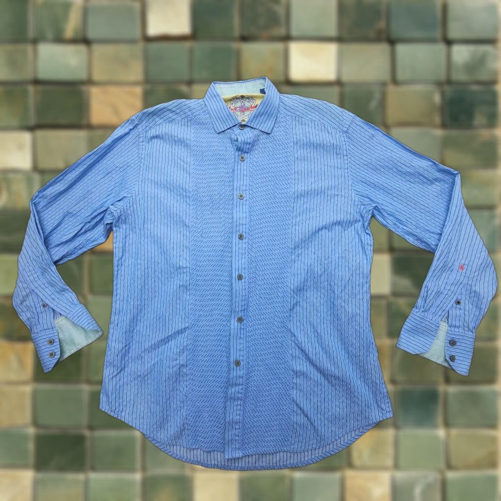 Robert Graham Robert Graham Shirt Long Sleeve Mens Large Blue Striped Cotton Flip Cuff Party Size US L / EU 52-54 / 3 - 1 Thumbnail
