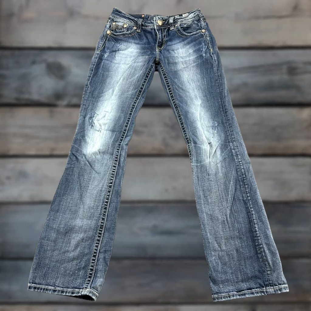 Miss Me Miss Me Jeans Womens 27 Blue Bootcut Denim Distressed Distressed Embroidered Logo 5-Pocket Classic Buckle Bke Size 27" / US 4 / IT 40 - 1 Thumbnail