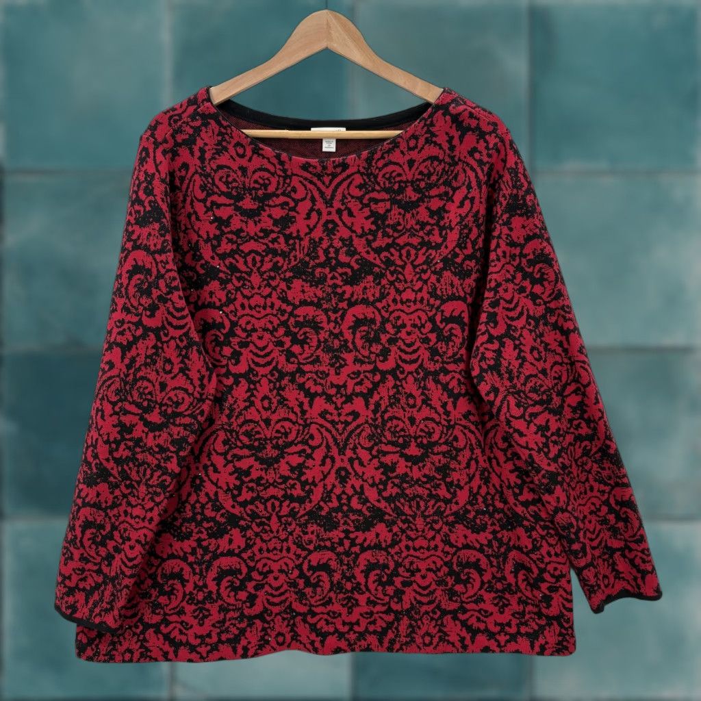 J. Jill J. Jill Sweater Womens 2X Red Black Jacquard Damask Print Long Sleeve Pullover Shirt/ Sweater Size XXL / US 16-18 / IT 52-54 - 1 Thumbnail