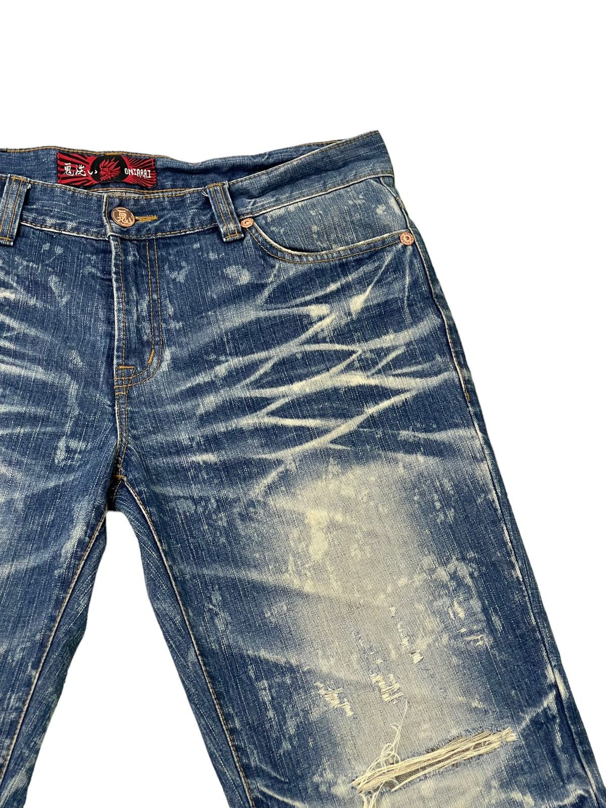 Japanese Brand Distress Thrash Acid Wash Oniarai Denim Regular Fit 7🟦4 Size US 35 - 9 Thumbnail