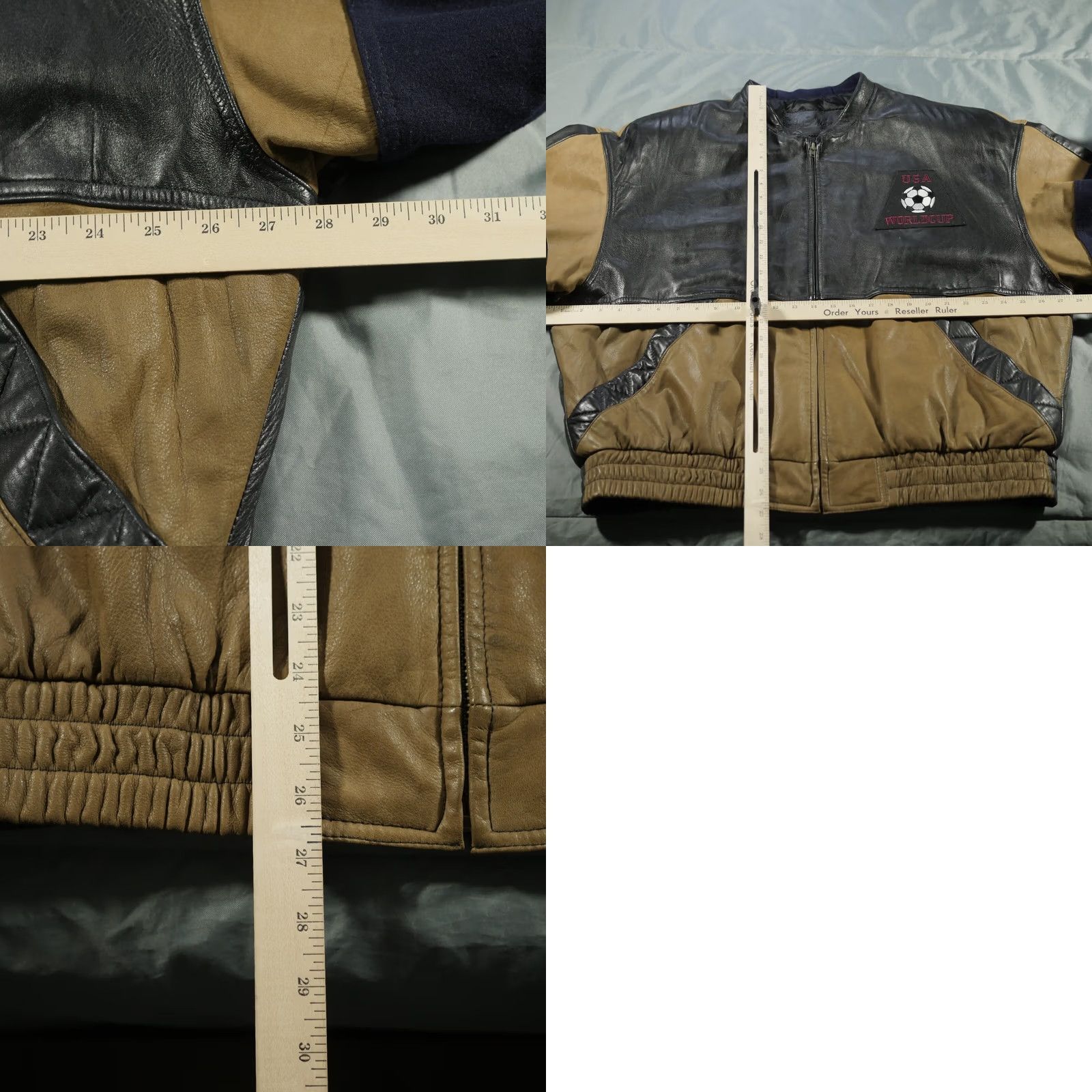 Vintage VINTAGE J Elkins USA World Cup Jacket Mens Black Brown Leather Wool 90s Bomber Jacket Short Zip Lined Full Zip All Seasons Fashion Sports USA Mens Size US XXL / EU 58 / 5 - 10 Thumbnail