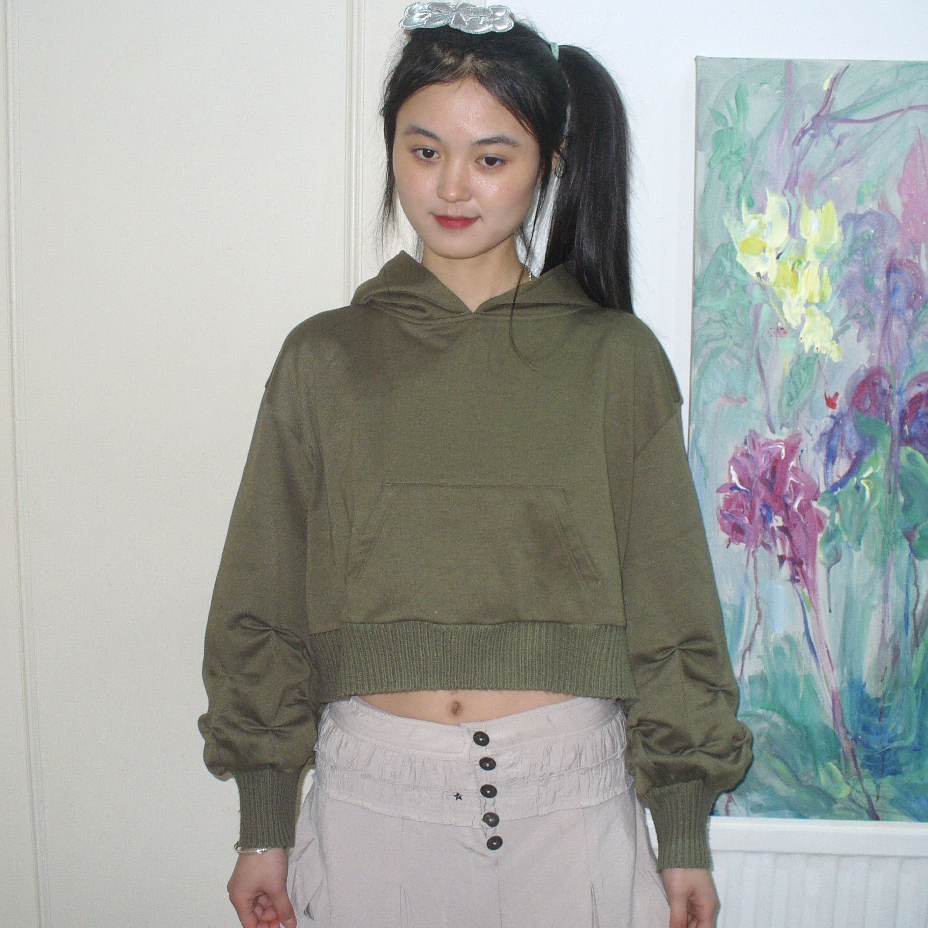 Other Japanese preloved cropped army green hoodie Size ONE SIZE - 1 Thumbnail
