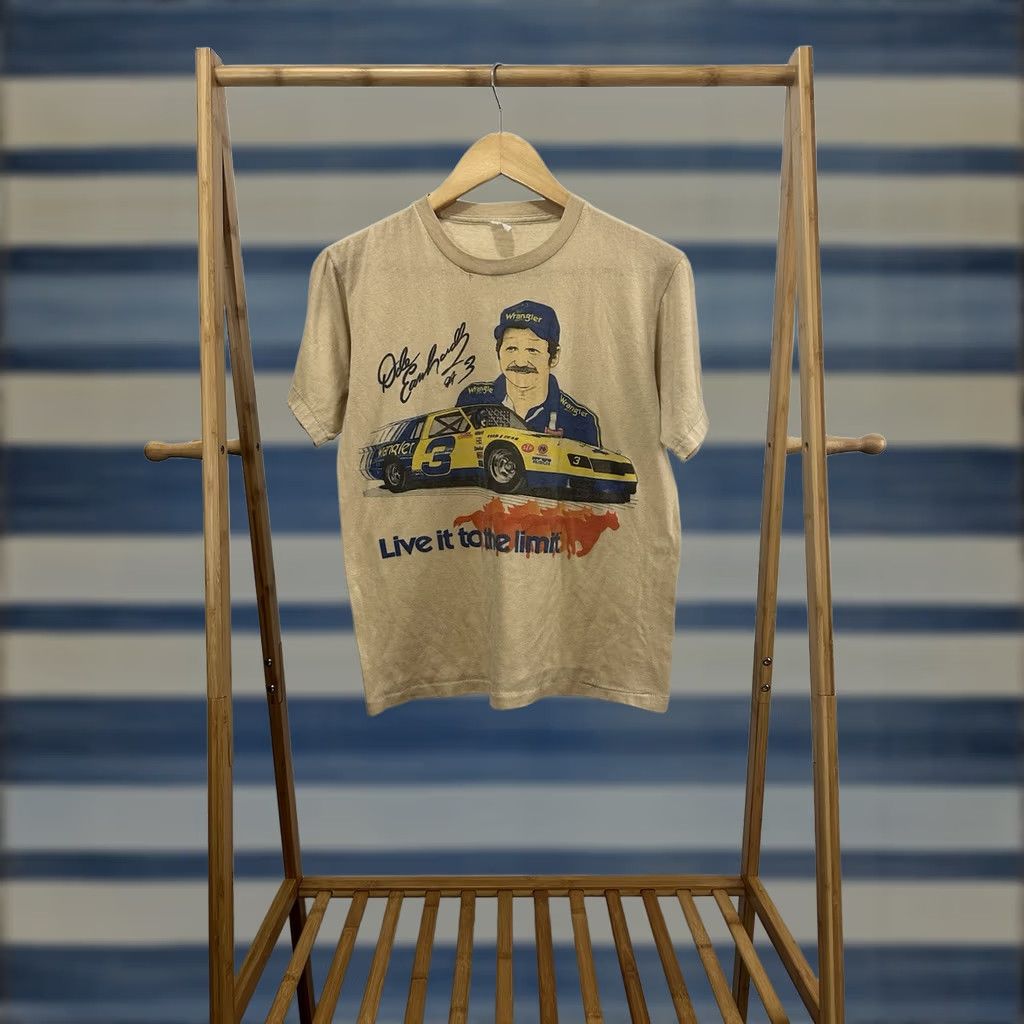 Vintage VINTAGE RARE 80s Dale Earnhardt #3 Wrangler Nascar Racing T-Shirt M Tan Nascar, Racing, 80s, PRAISE DALE Mens Shirt M Tan Size US M / EU 48-50 / 2 - 1 Thumbnail