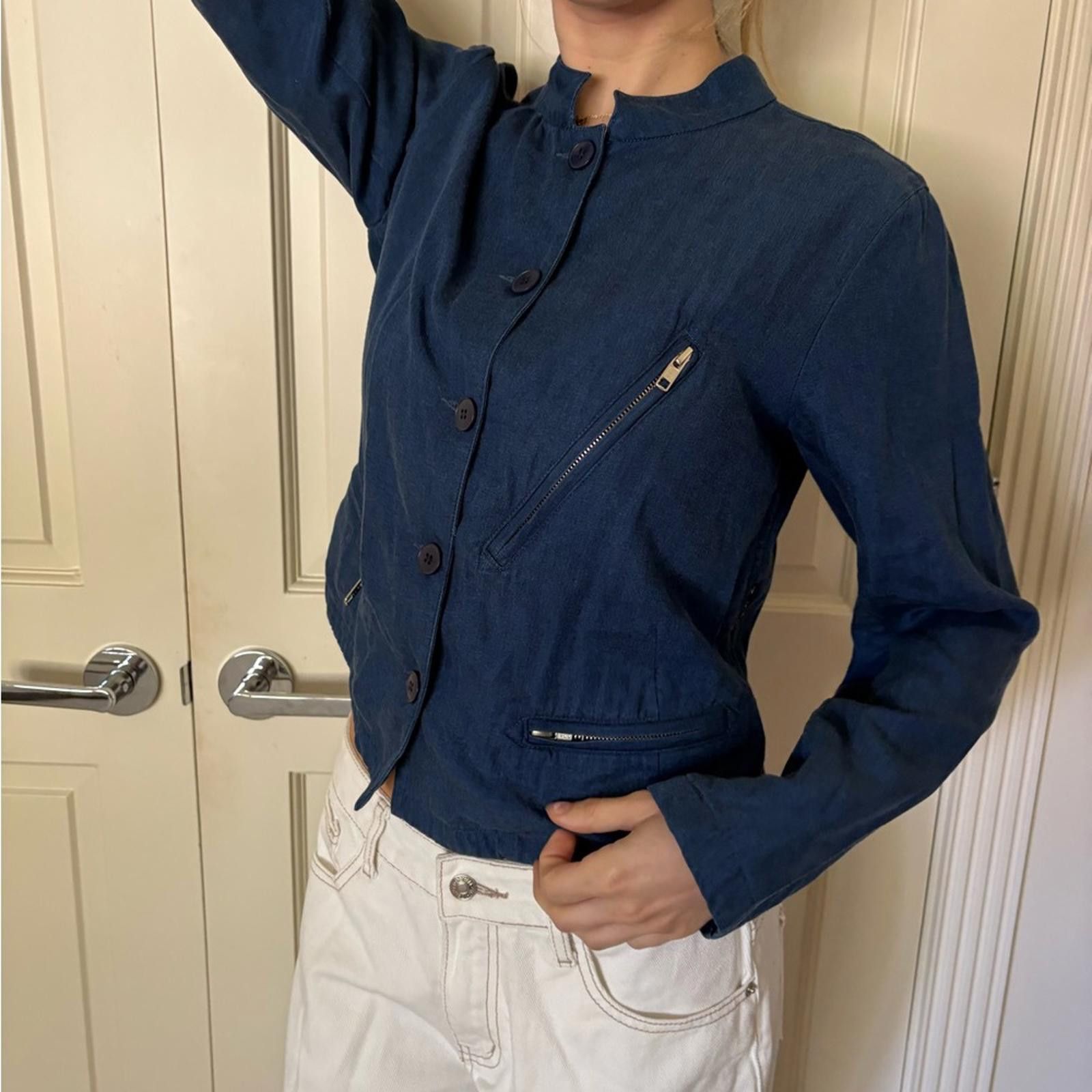 agnes b. Agnès b. PARIS Denim Blue Lyocell Cropped Jacket Size S / US 4 / IT 40 - 11 Thumbnail