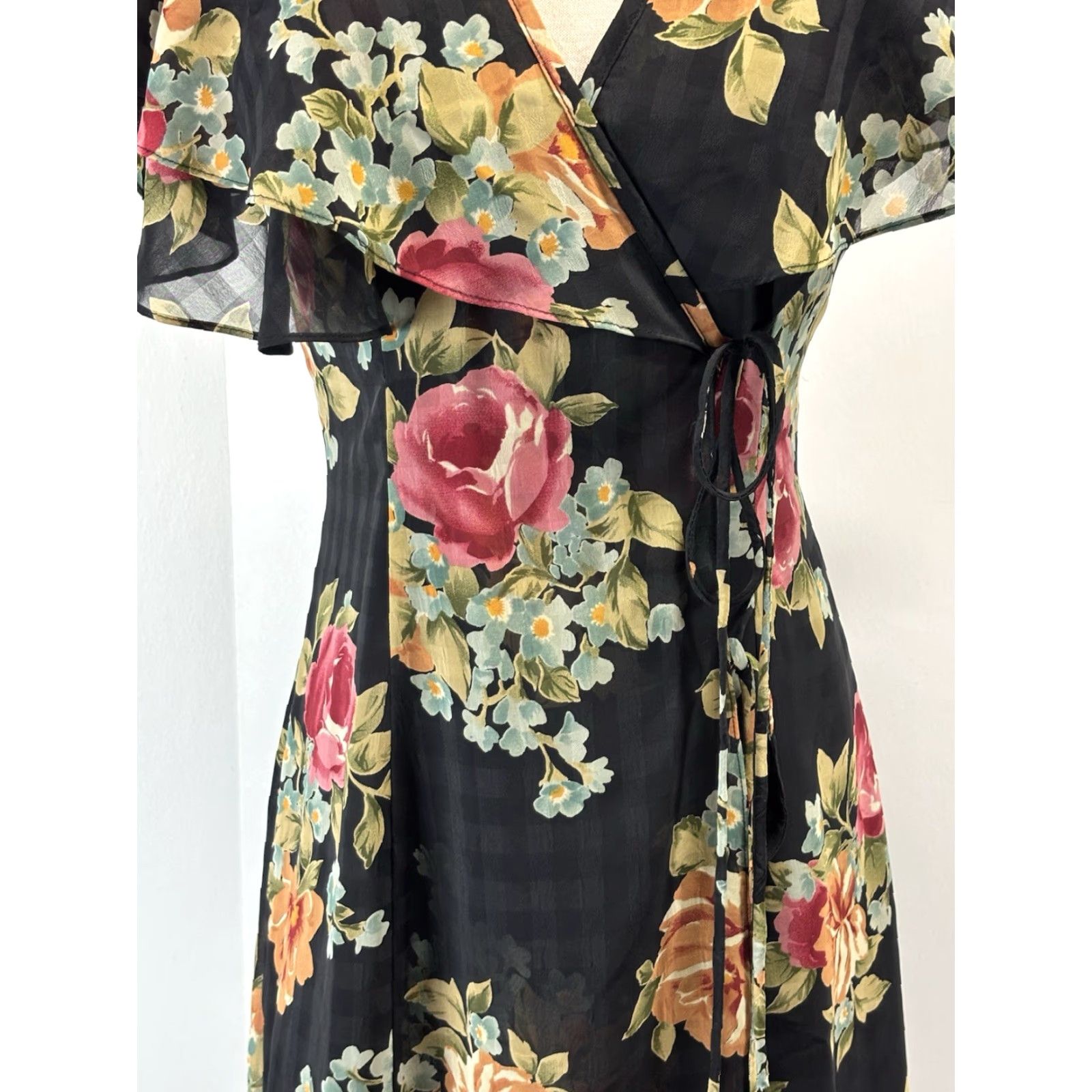 Vintage Vtg Wild Rose Dark Floral Wrap Midi Dress Sz 6 Romance Cottagecore Made USA Size M / US 6-8 / IT 42-44 - 6 Thumbnail
